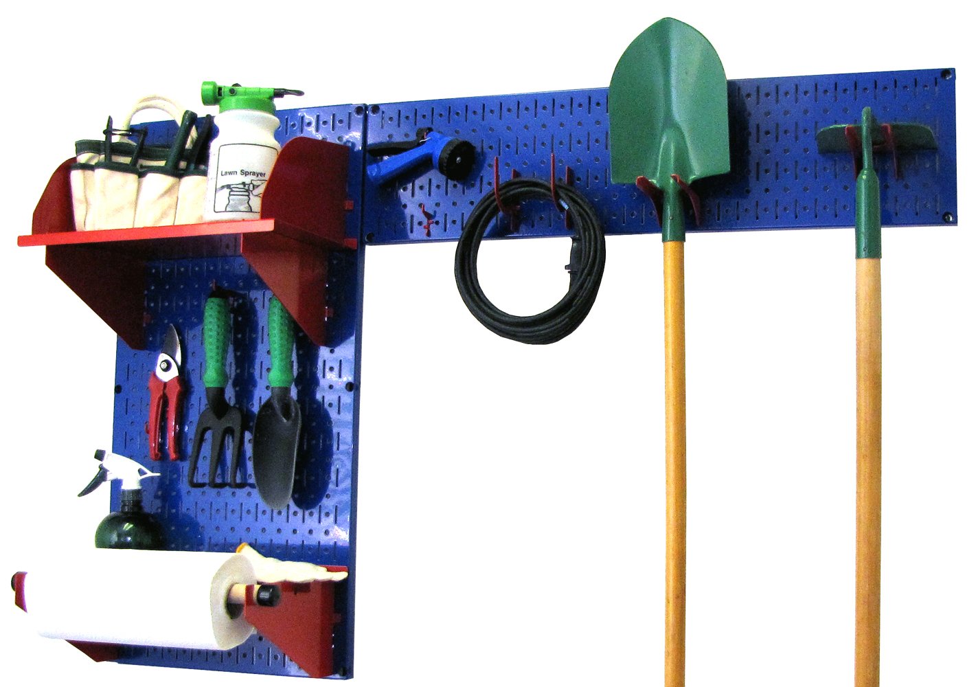 Wall Control Pegboard Garden Supplies Storage Kit - Blue Pegboard with Red Hooks & Accessories for Tool Organization - Perfect for Garage, Shed & Workshop Storage Solutions