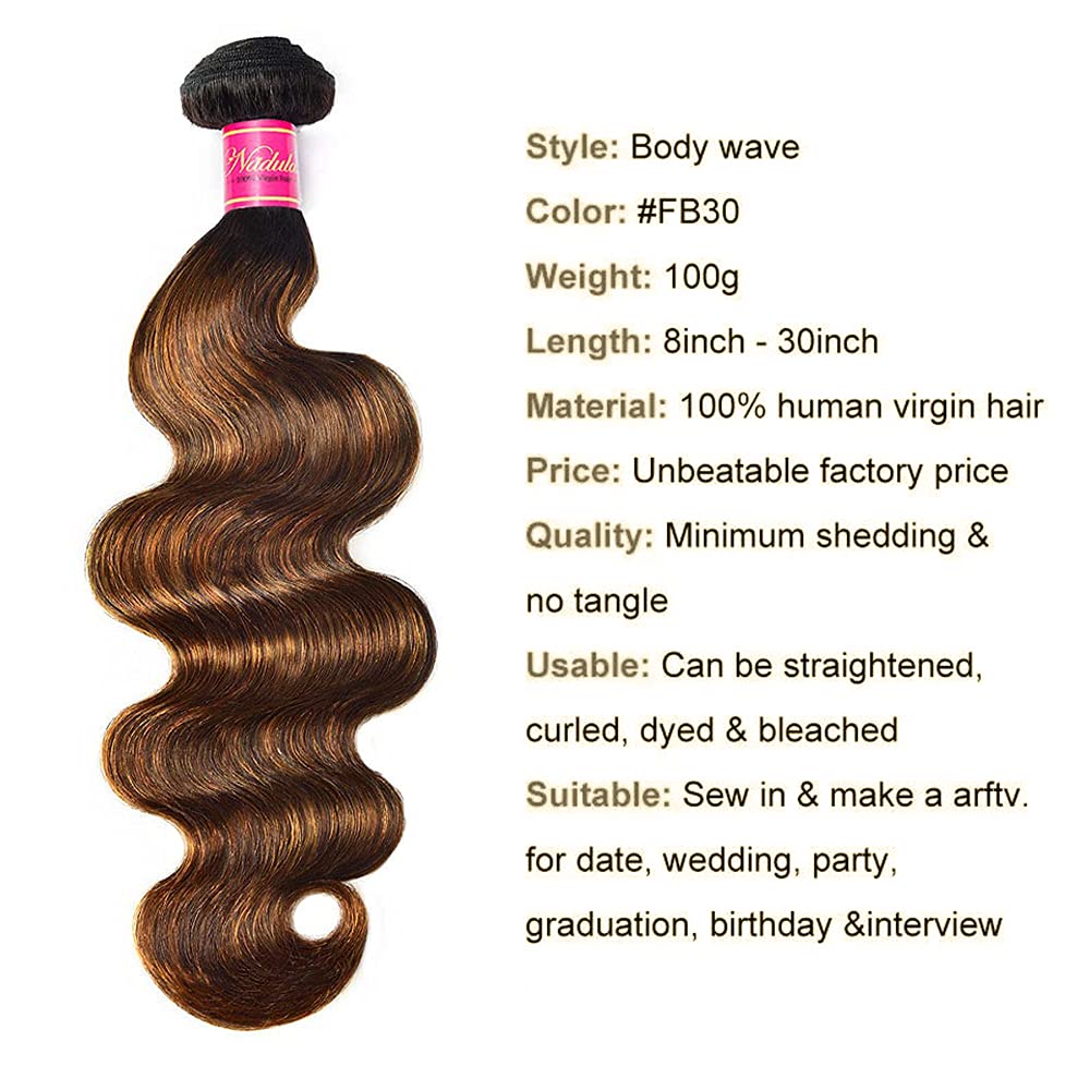 Nadula 12A Grade Brazilian Human Hair Bundles - 100% Unprocessed Virgin Hair, Brown Balayage Body Wave (10