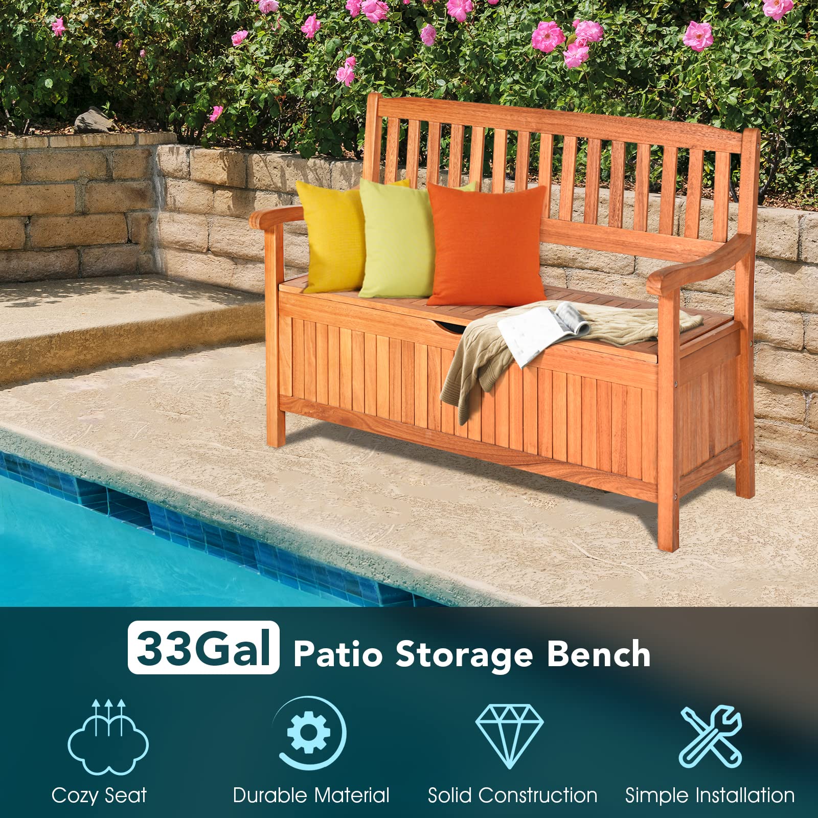 **HAPPYGRILL 33 Gal Outdoor Storage Bench - Wooden Deck Box with Removable Dustproof Liner, Multi-Functional Seating Furniture for Courtyard, Garden, Poolside & Patio**    *(Perfect for Storing Cushions, Toys, and Outdoor Essentials While Providing Extra Seating Space!)*