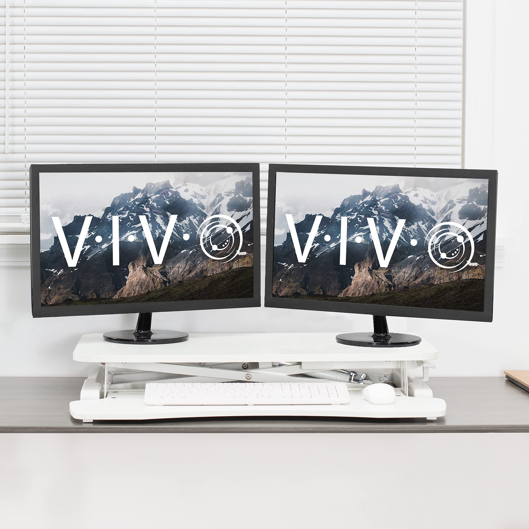 VIVO K Series 32 Inch Height Adjustable Sit Stand Desk Converter - Dual Monitor & Laptop Workstation with Wide Keyboard Tray, White (DESK-V000KW) for Home Office & Ergonomic Workspace Setup