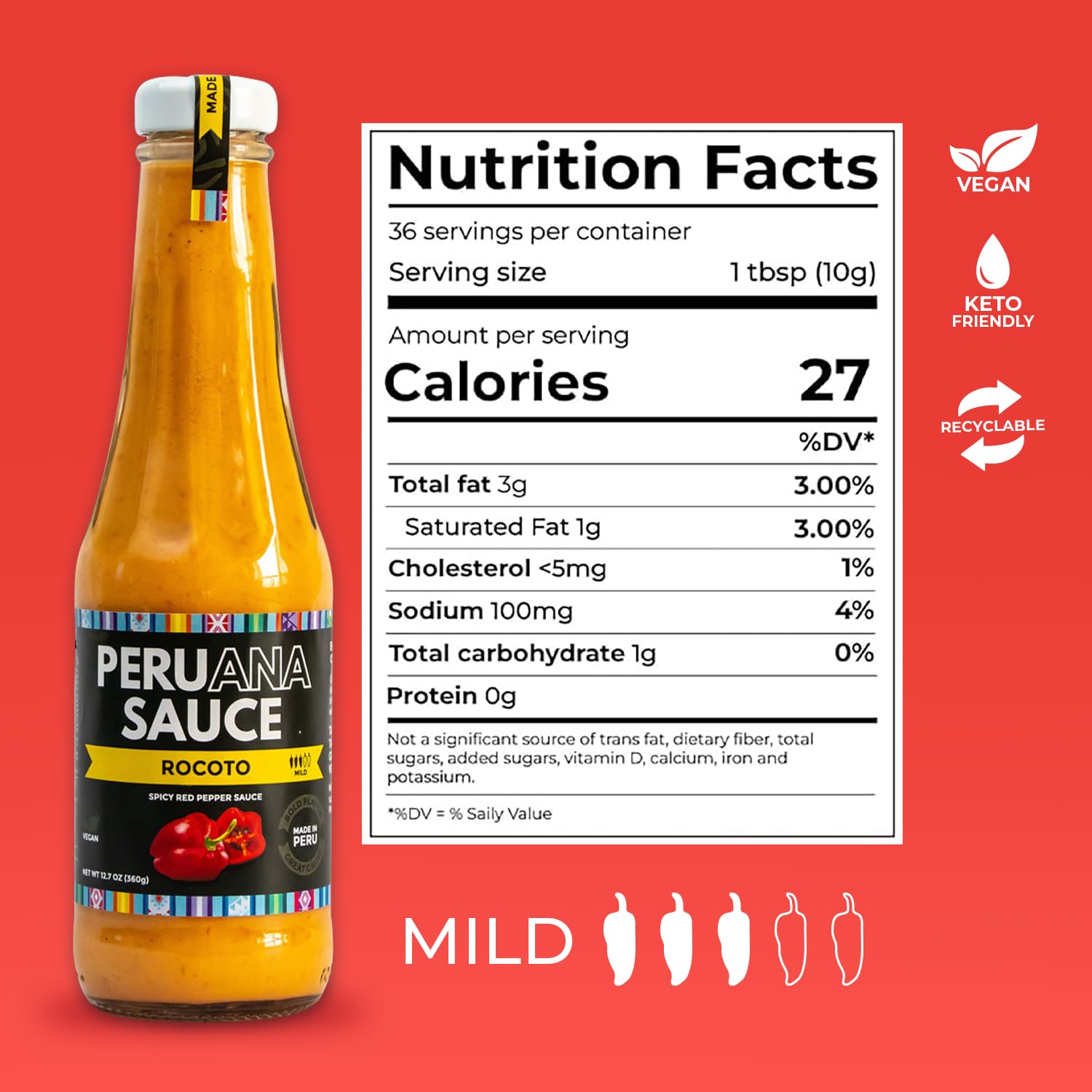 Authentic Spicy Peruvian Aji Rocoto Hot Sauce - 12.7oz Glass Bottle - Vegan, Keto-Friendly, No Artificial Colors - Perfect for Tacos, Burritos & Peruvian Cuisine