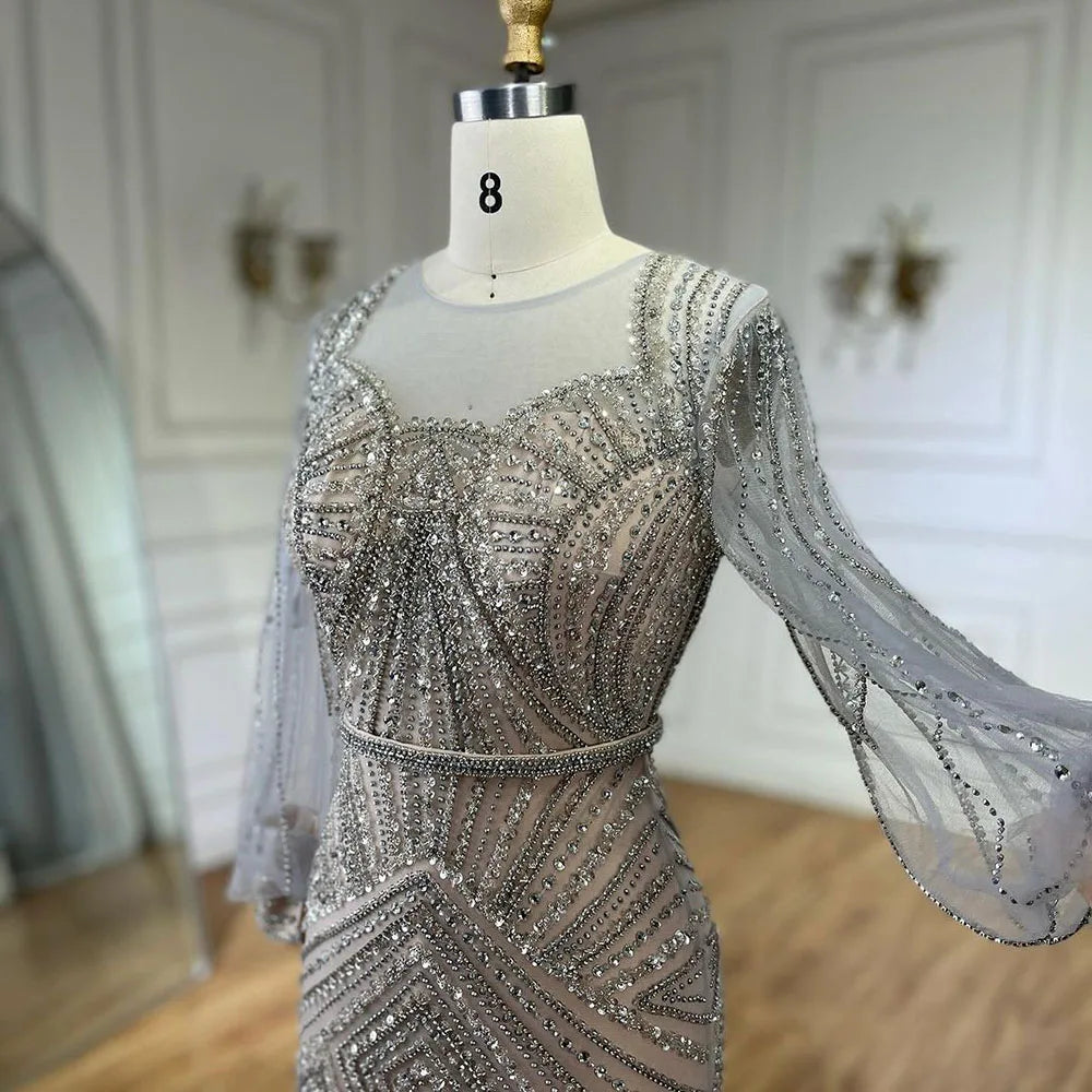 Elegant Arabic Silver Beaded Mermaid Evening Gowns for Women - Luxury Dubai Wedding & Party Dresses 2025 | Perfect for Red Carpet Events, Galas & Formal Occasions