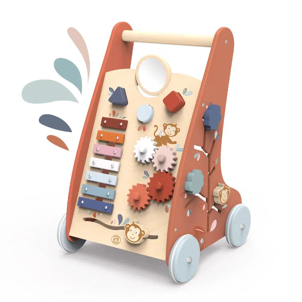 Speedy Monkey Wooden Baby Activity Walker - Push & Pull Toy with Bead Maze, Shape Sorter & More - Montessori Learning Toy for Toddlers 1-3 Years - Perfect for Early Childhood Development & Playtime Fun