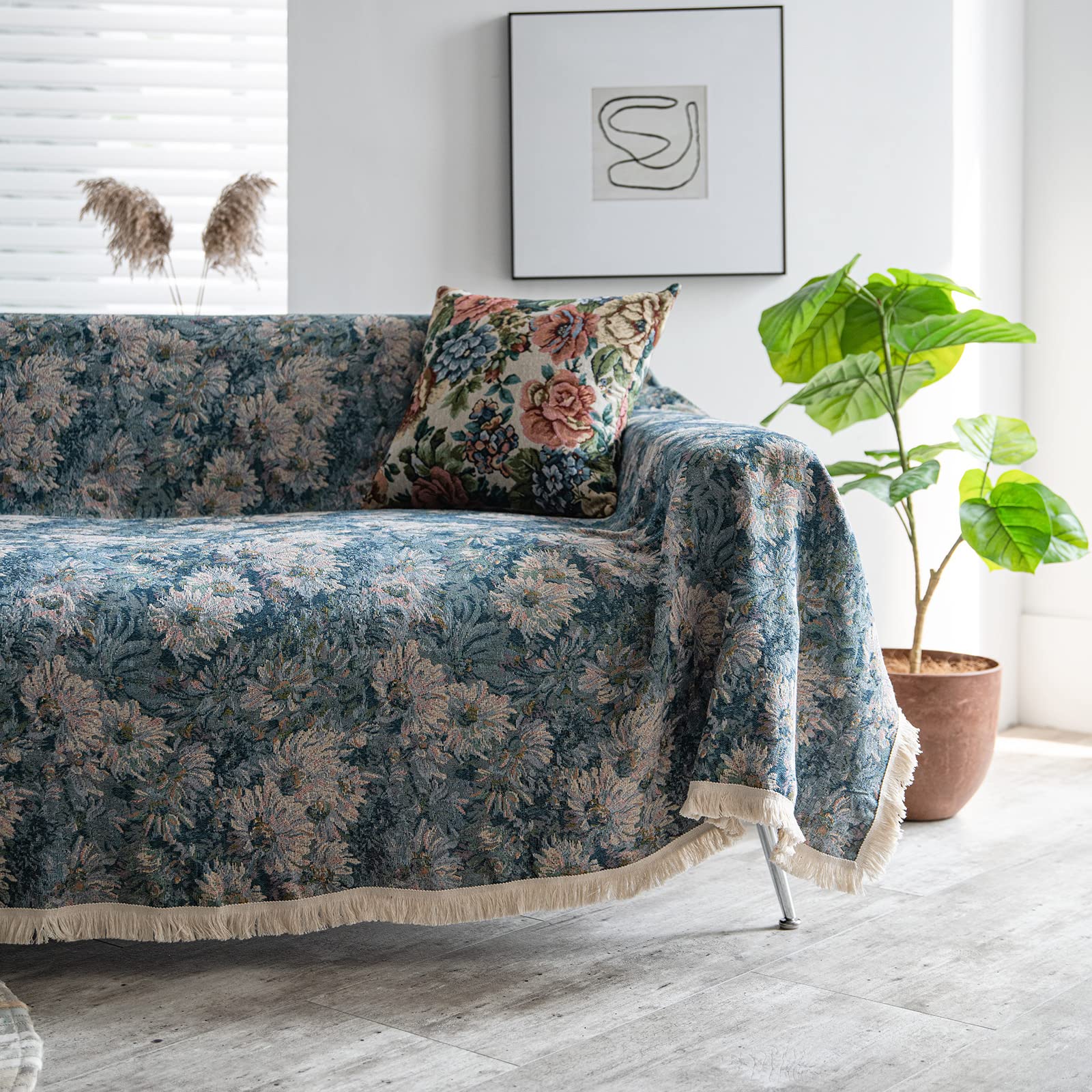 Vintage Blue Floral Jacquard Sofa Cover for 3-Cushion Couch - Pet Friendly, Machine Washable Sectional Couch Slipcover with Tassels (Large) - Perfect for Living Room, Home Decor & Pet Protection