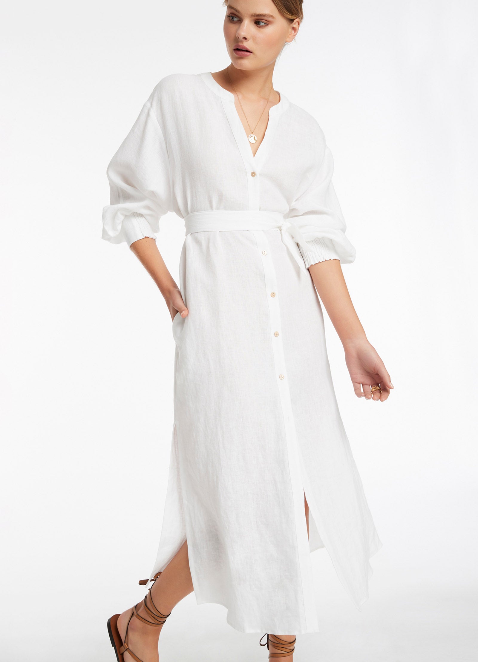 Jetset Shirred Cuff Shirt Dress in White | Women's Casual Summer Dress for Work, Travel & Date Night