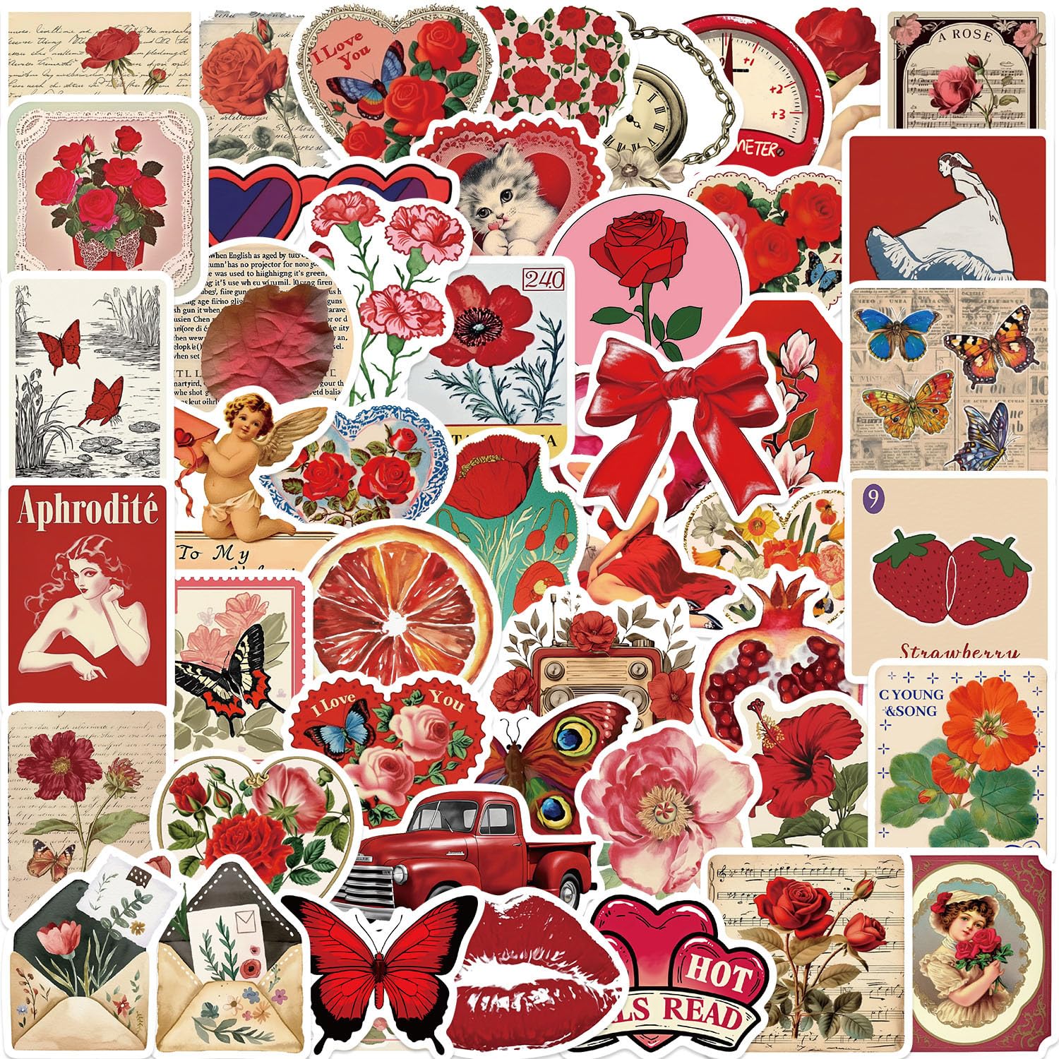 50PCS Vintage Romantic Red Scrapbook Stickers - Waterproof Retro Aesthetic Decals for Journaling, DIY Crafts, Laptop & Water Bottle Decor - Perfect for Scrapbooking, Bullet Journals & Home Aesthetic Projects