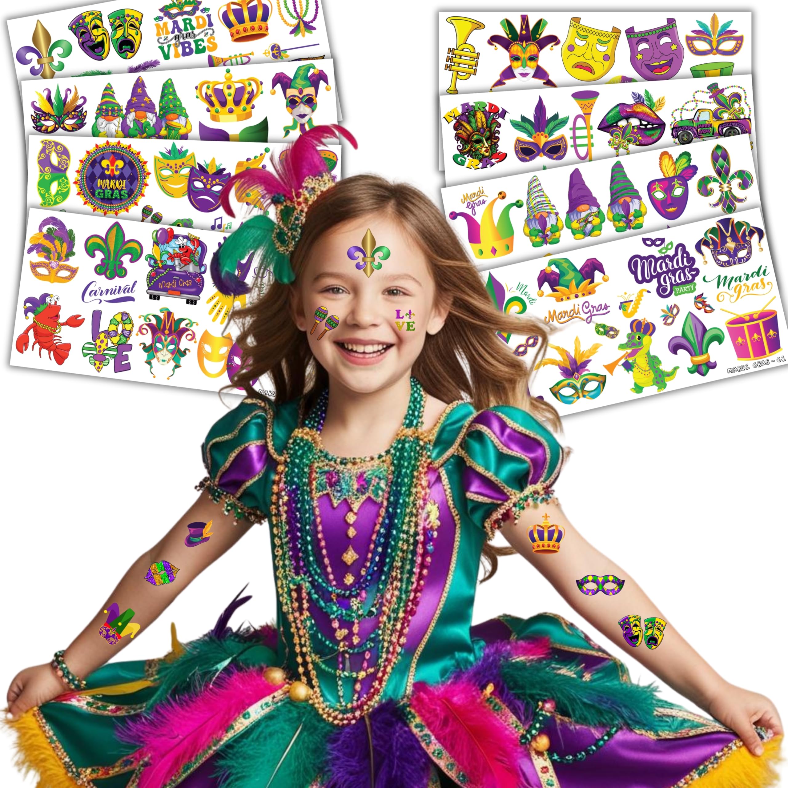 101 Pcs Mardi Gras Temporary Tattoos for Kids - Fat Tuesday Party Supplies, Masquerade Celebration Stickers, New Orleans Carnival Decorations | Perfect for Birthday Parties, Festivals & Themed Events - Fun Kids Gift Idea