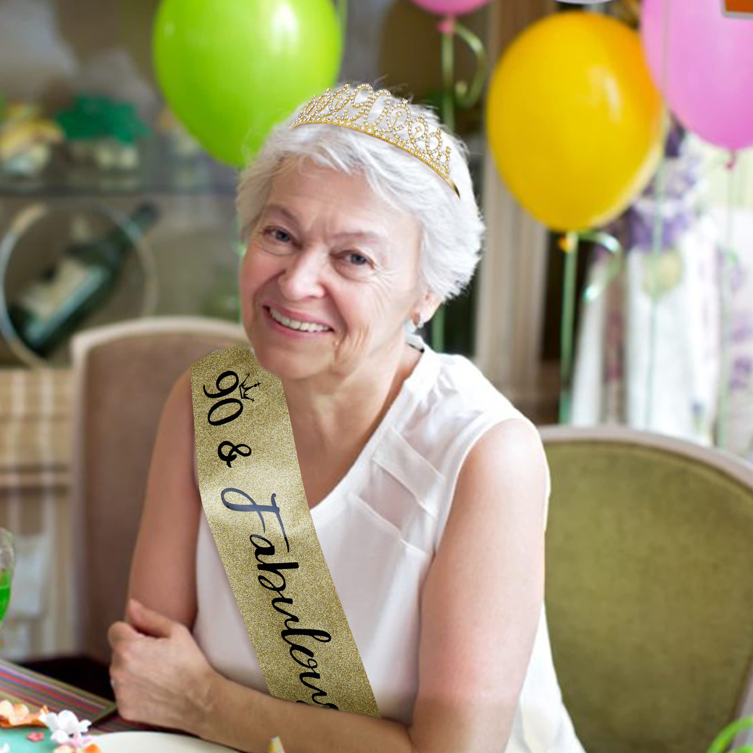 90th Birthday Sash & Gold Tiara Set - Elegant 90th Birthday Gifts for Women - Happy 90th Birthday Party Decorations - Perfect for Milestone Celebrations, Retirement Parties & Golden Anniversary Events