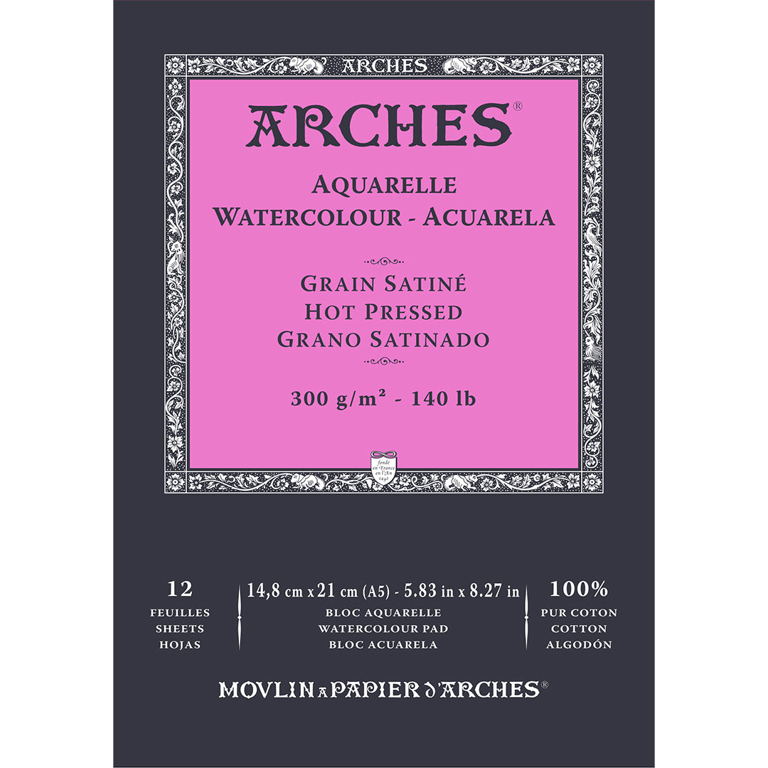 Arches Aquarelle Hot Pressed Watercolor Paper Pad 14.8 x 21 cm (5.8 x 8.3 in) - 100% Cotton, Natural White - Perfect for Professional Artists & Watercolor Painting