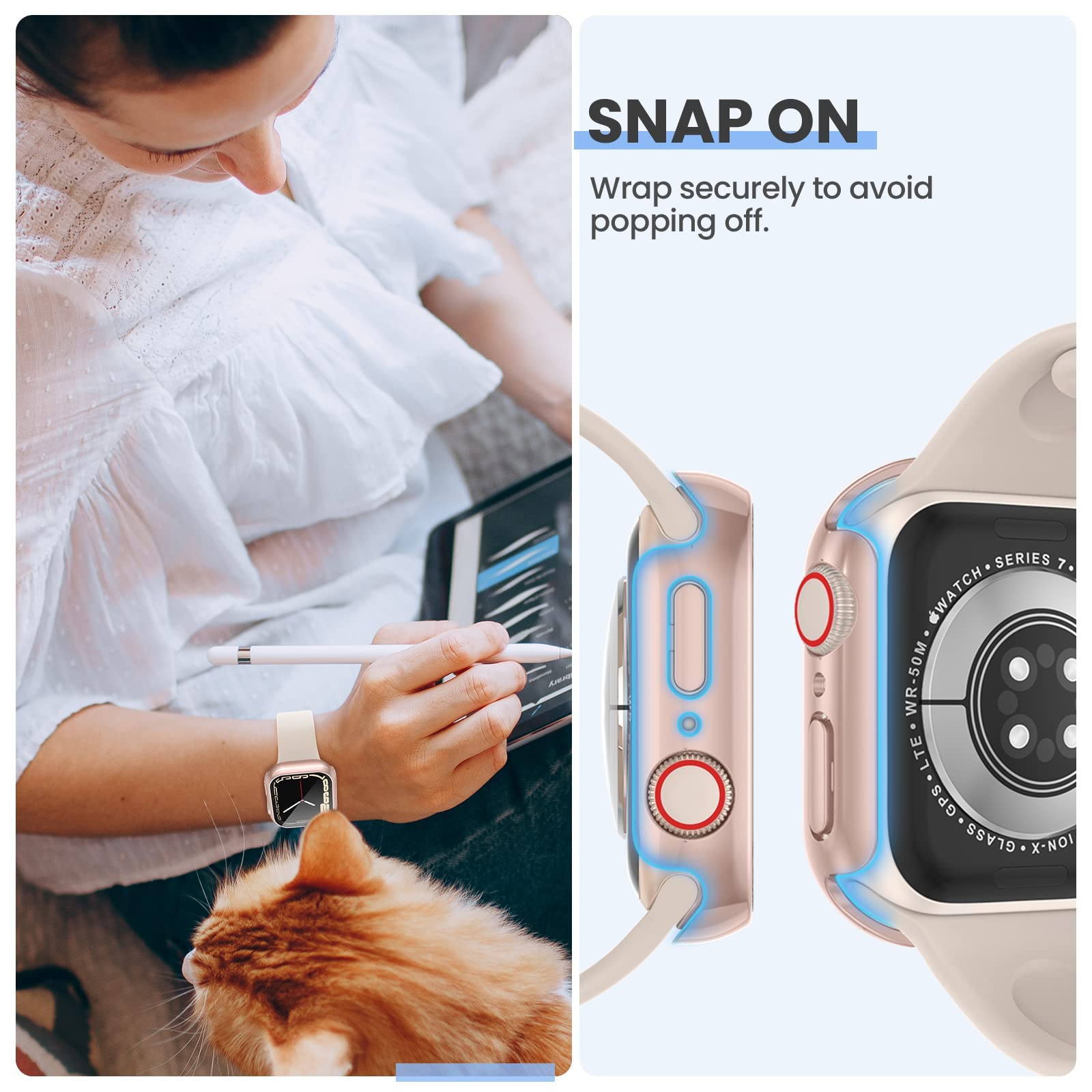 3-Pack Tensea Tempered Glass Screen Protector with Hard PC Bumper Case for Apple Watch Series 9/8/7 45mm - Ultra-Thin Protective Cover for Women & Men (Clear/Silver/Rose Gold) | Perfect for Workouts, Outdoor Activities & Daily Wear