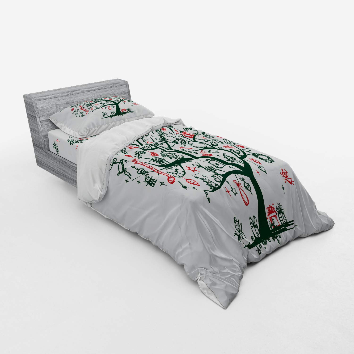 Ambesonne Christmas Bedding Set - 3 Piece Duvet Cover Set with Sham & Fitted Sheet, Twin XL Size, Holiday Theme with Large Tree, New Year Ornaments, Presents & Angel Candles in Green Vermilion - Perfect for Holiday Decor, Guest Rooms & Cozy Winter Nights