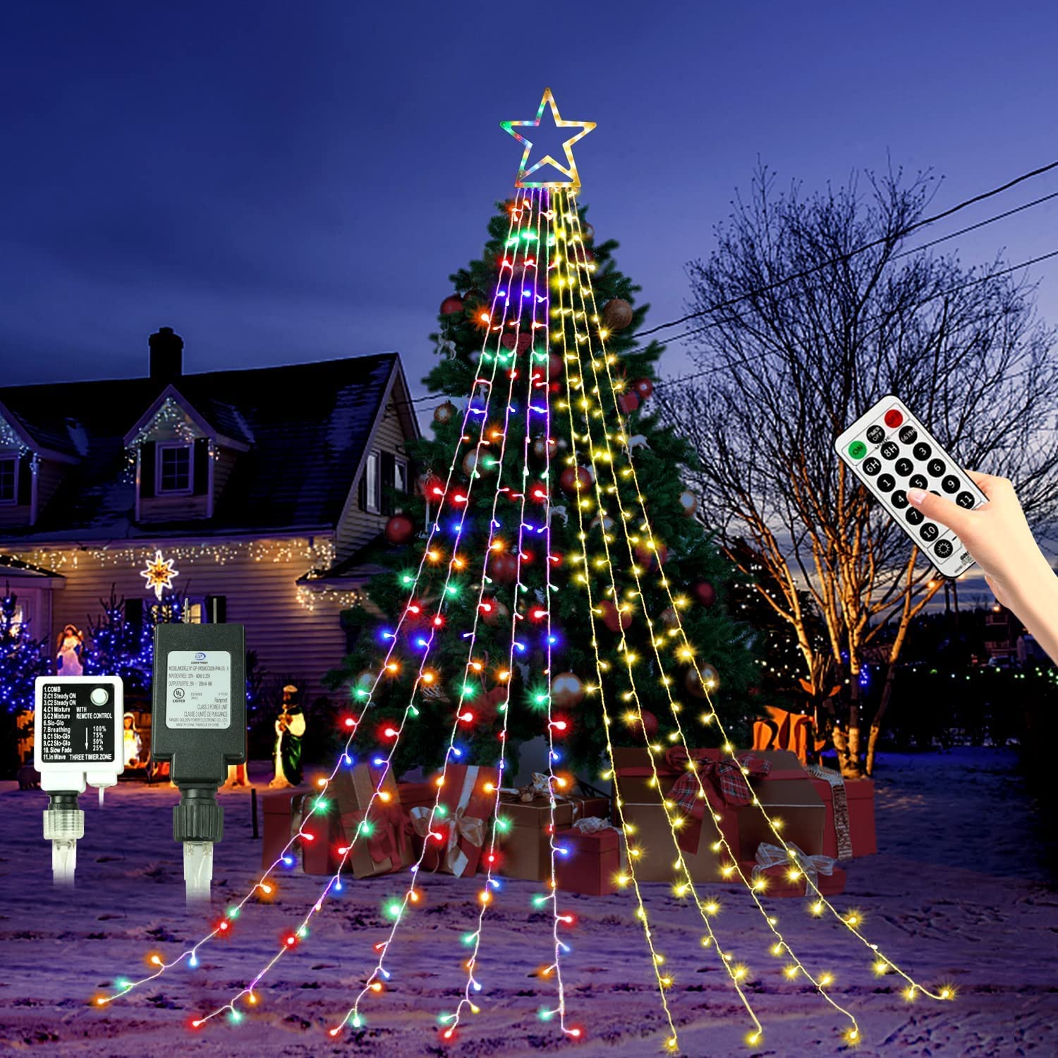 MUYUN 317 LED Star Waterfall Christmas Lights - Color Changing Twinkle Fairy String Lights for Indoor/Outdoor Decor - Perfect for Christmas Tree, Party, Wedding, Garden & Home Decoration