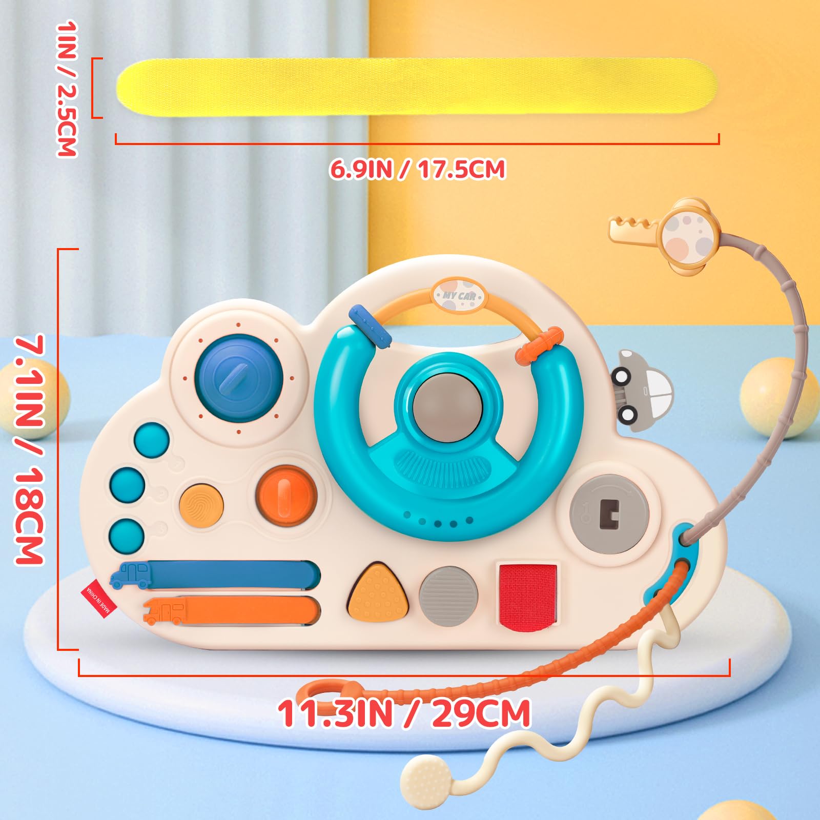 Montessori Busy Board Toy for Toddlers 1-3 Years Old - 4-Strap Steering Wheel Travel & Car Seat Activity Toy - Sensory Educational Learning Game - Best Gift for 18 Month+ Kids (Blue) - Perfect for Road Trips, Airplane Travel & Quiet Playtime