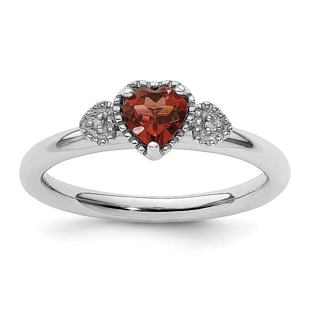 925 Sterling Silver Red Garnet & Diamond Heart Band Ring - January Birthstone Jewelry for Women, Stackable Love Ring, Fine Jewelry Gift for Her - Perfect for Valentine's Day, Anniversary & Everyday Wear