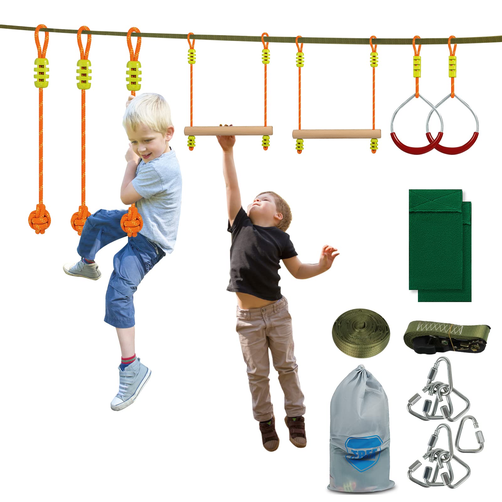 HappyBuy 56FT Warrior Obstacle Course for Kids - Outdoor Slackline with Gym Rings, Monkey Bars & Rope Knots | Portable Backyard Training Equipment for Strength & Agility | Perfect for Backyard Play, Birthday Parties & Outdoor Adventures