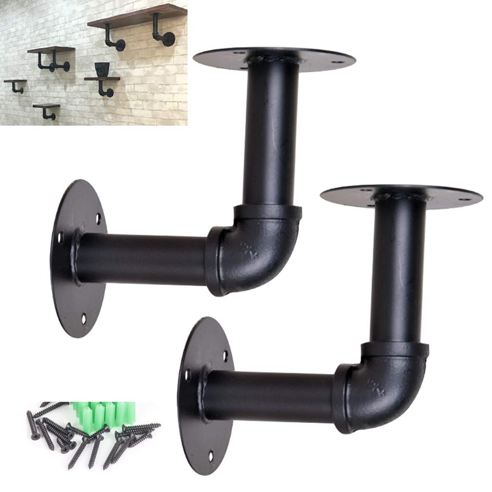 Heavy Duty Rustic Pipe Shelf Bracket - Industrial Wall Mounted Floating Shelves for Bookshelf, Scaffold Board - Antique Black Iron Plumbing Pipe Shelf Bracket (2Pcs, 10x15cm) - Perfect for Home Office, Living Room, Kitchen & Garage Storage Organization