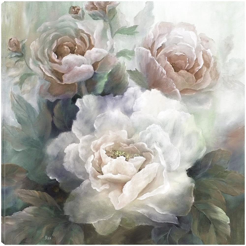 Botanical Wall Art Canvas - White Roses III Floral Painting 22x22 Inch, Bathroom & Bedroom Decor, Plant-Themed Soft Canvas Artwork by Artist Nan | Perfect for Home, Office & Spa Interior Design