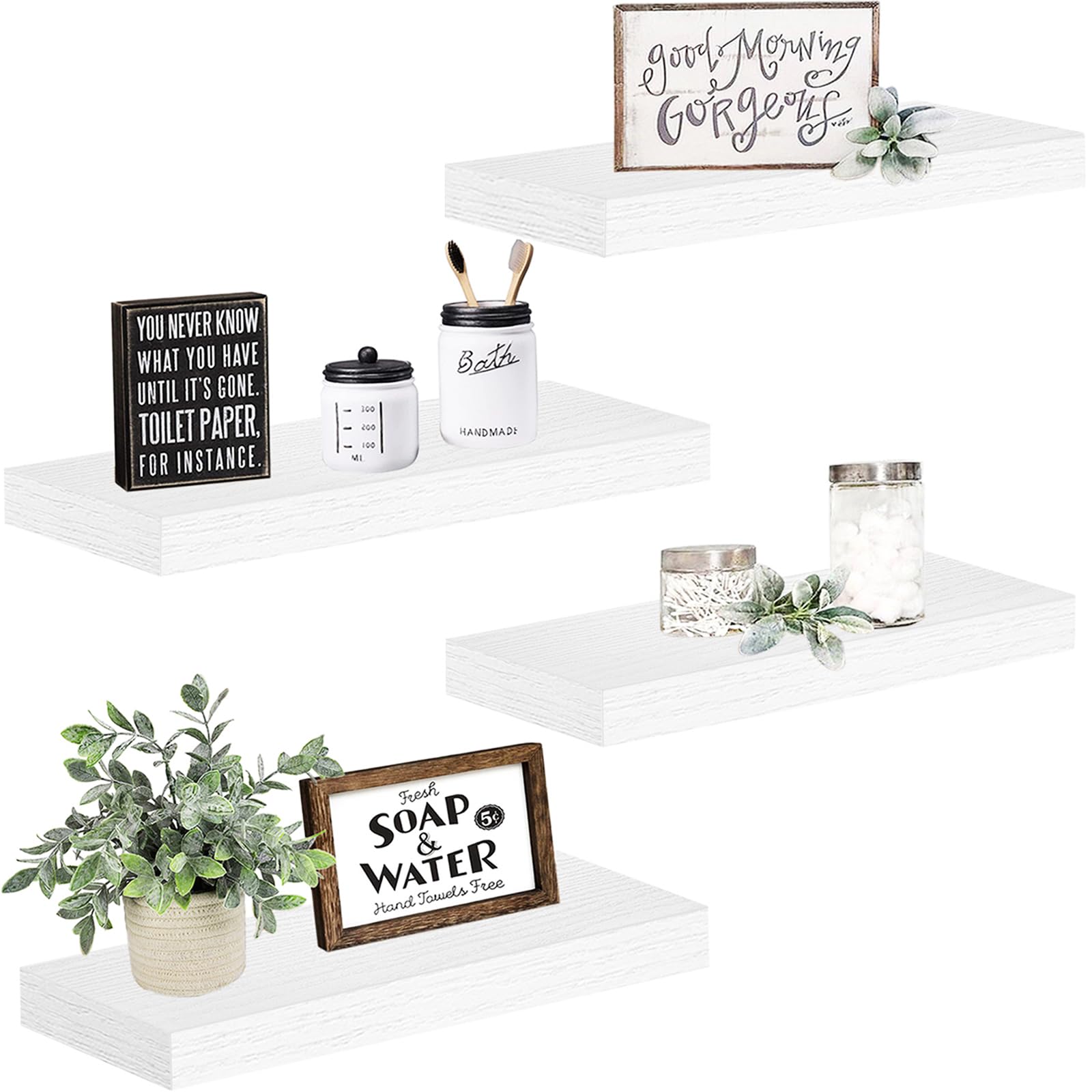QEEIG Floating Shelves Set of 4 - 16 Inch Wall Mounted Shelves for Bathroom, Bedroom, Kitchen & Living Room - Farmhouse Style Small Book Shelf - White (015-W4) - Perfect for Home Decor, Storage & Display