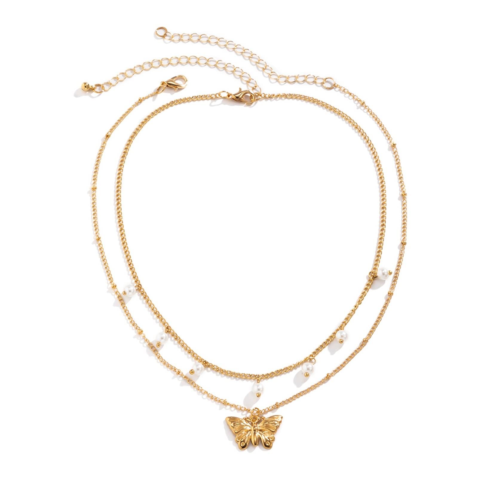 KnBoB 2 Layer Gold Plated Cuban Chain Necklace for Women - Adjustable Vintage Layered Necklace with Butterfly Pendant | Perfect for Casual Wear, Date Nights & Gift Giving