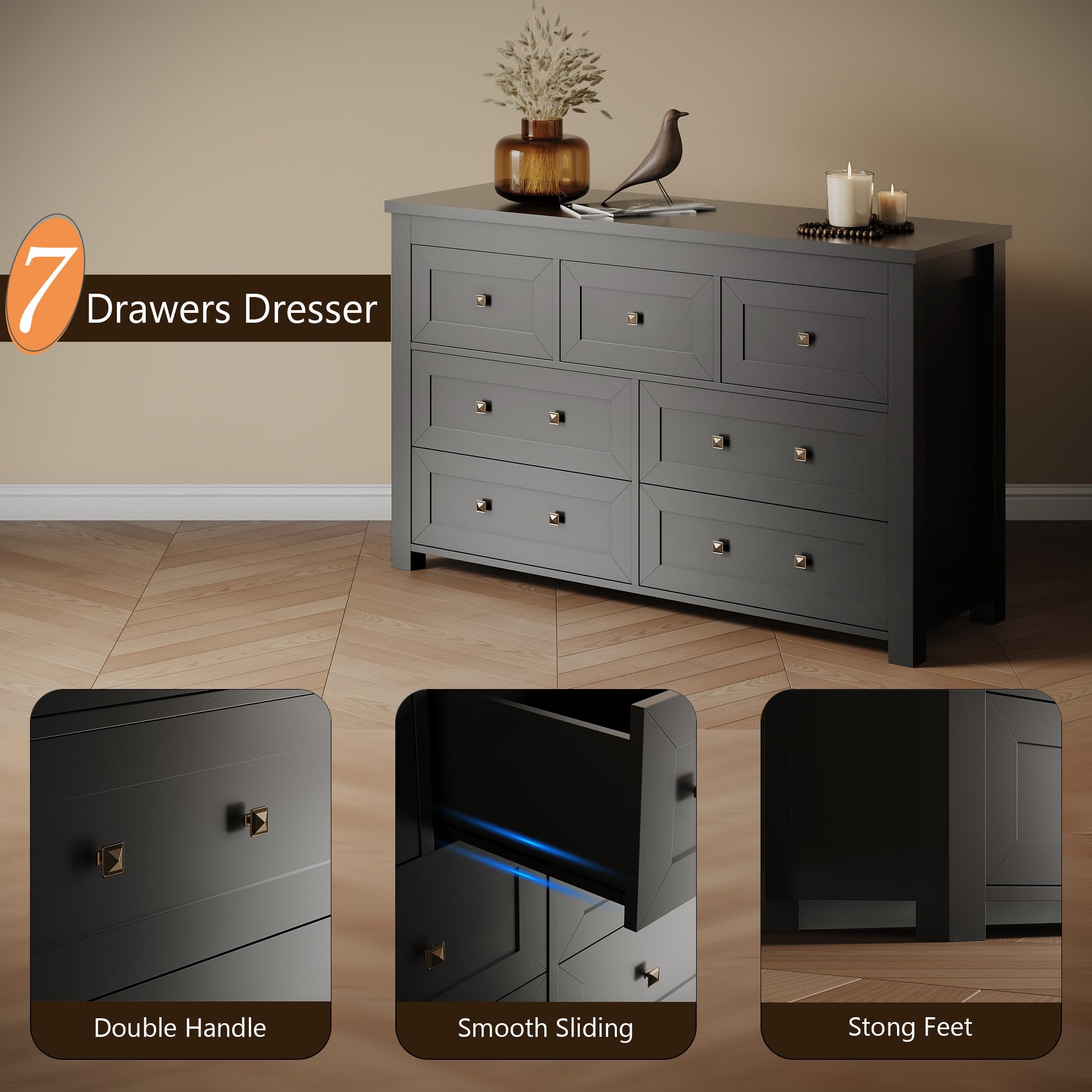 7-Drawer Farmhouse Dresser for Bedroom - Solid Wood Chest with Metal Handles, Wide TV Stand & Closet Storage Organizer - Modern Entryway, Living Room, Hallway Furniture (Black) - Perfect for Bedroom Storage & Living Room Organization