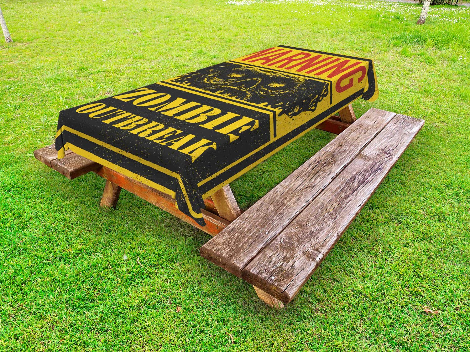 Ambesonne Zombie Outdoor Tablecloth - Vintage Grunge Horror Monster Design, Washable Picnic Table Cover 58x120 Inches in Earth Yellow Grey Red - Perfect for Halloween Parties, Spooky Picnics & Horror-Themed Events