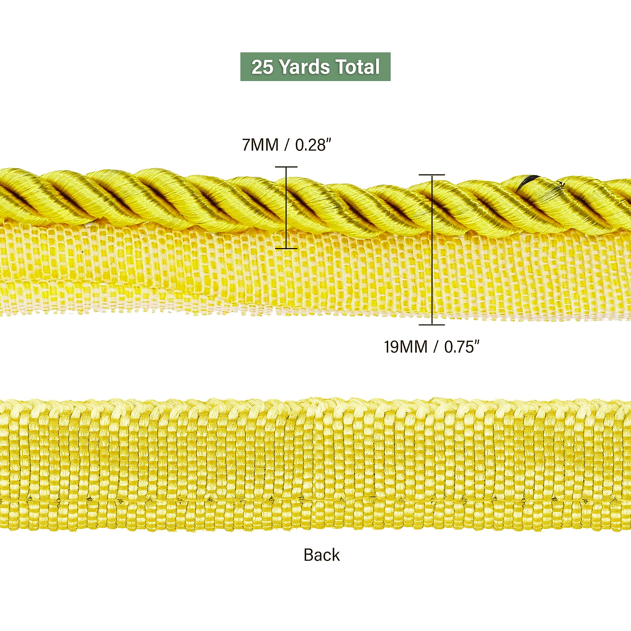 Mandala Crafts Twisted Lip Cord Trim by The Yard - Yellow Sewing Piping Cord for Pillows, Upholstery, Edge Trim | DIY Home Decor, Cushions, Clothing & Craft Projects