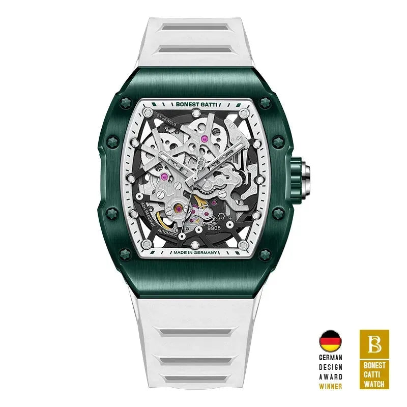 BONEST GATTI Men's Automatic Mechanical Watch - German Engine Tonneau Skeleton Design, Waterproof, Sapphire Glass, Luminous Hands, Fluororubber Strap - Perfect for Business, Formal Events & Luxury Gift Giving