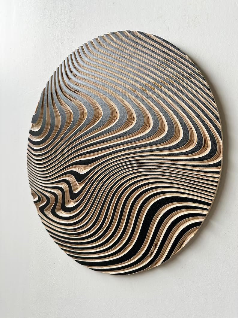 Handmade Wavy Circle Wood Wall Art - Unique Carved Wood Sculpture Decor for Living Room, Bedroom & Office - Boho Home Decor for Modern & Rustic Interiors