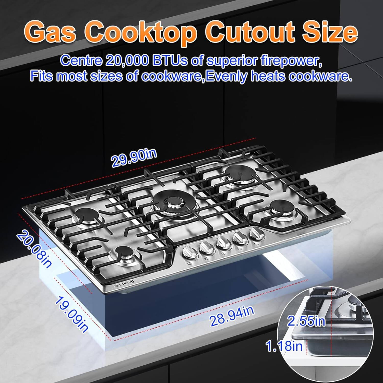 AMZCHEF 30 Inch Gas Cooktop with 5 Italian SABAF Burners - High Power Stove for Professional Cooking, Home Kitchen & Outdoor BBQ