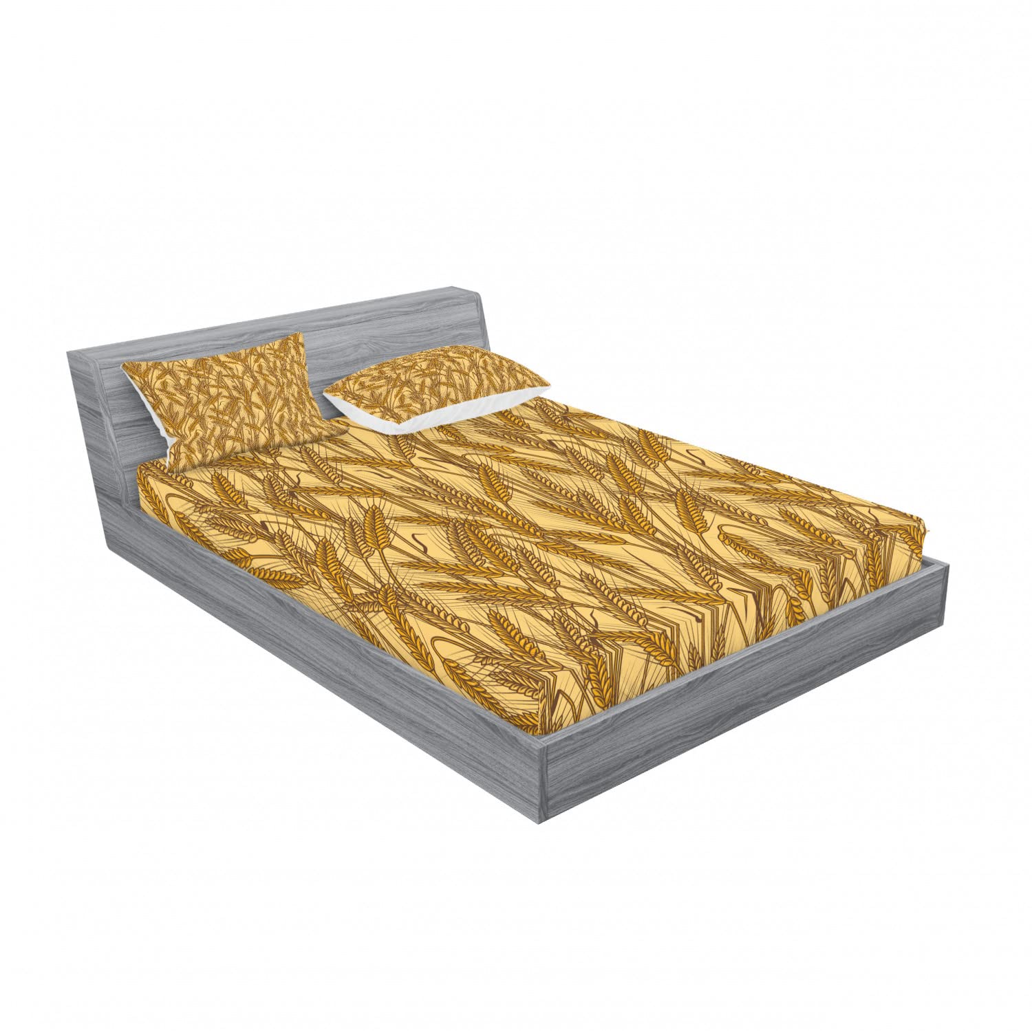 Ambesonne 2-Piece Queen Fitted Sheet Set with 4 Pillow Shams - Harvest Cereal Ears Rural Field Design in Mustard Yellow - Soft Bedding Decor for Farmhouse & Country Style Bedrooms - Perfect for Guest Rooms, Vacation Homes & Cozy Autumn Bedroom Themes
