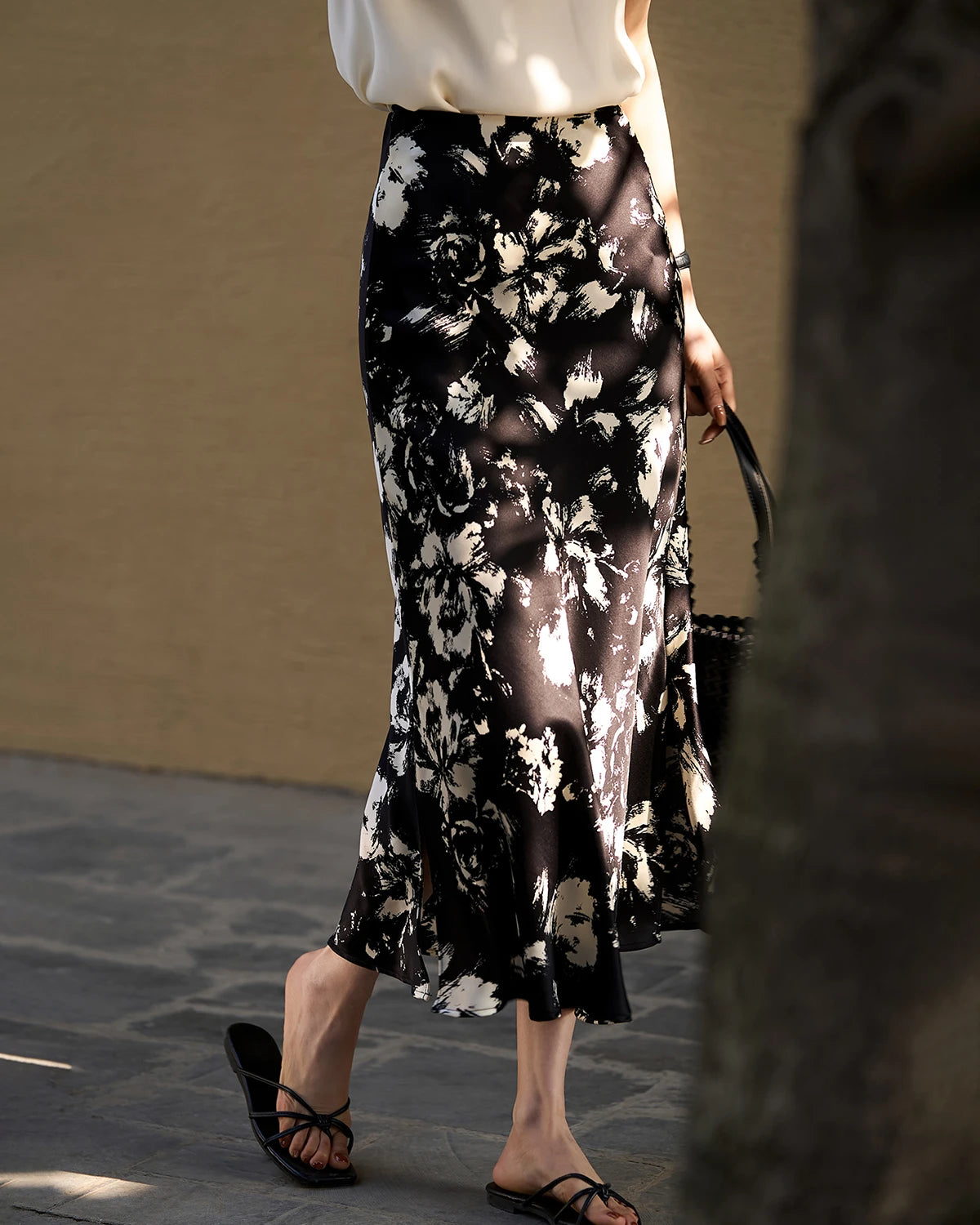 Elegant Black and White Floral Silk Skirt for Women - Summer Party Dress, Wedding Guest Outfit & Office Wear
