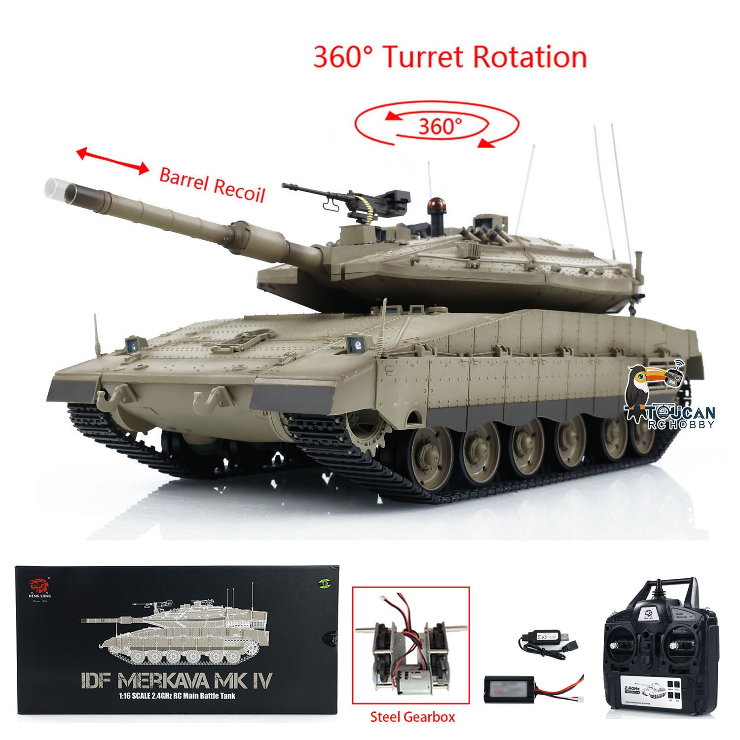 1:16 Scale 2.4GHz Remote Control IDF Merkava MK IV RC Tank with Metal Gearbox & Steel Gears - Military Tank Model for Collectors & Display | Battle Simulation & War Game Scenes