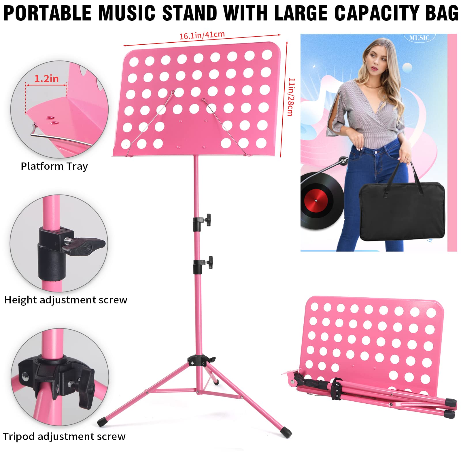 Lotmusic Pink Portable Music Stand - Foldable & Height-Adjustable Sheet Music Holder with Carrying Bag, Clip & Light | Perfect for Piano, Violin Practice & Travel | Home, School & Outdoor Use