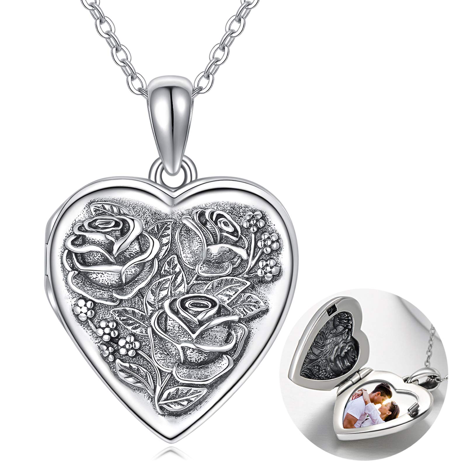 MEDWISE 925 Sterling Silver Photo Locket Necklace with Oxidized Rose Flower, Sunflower, Compass & Celtic Heart Pendant - Perfect Gift for Women, Birthday, Christmas, Anniversary | Keepsake Jewelry for Loved Ones