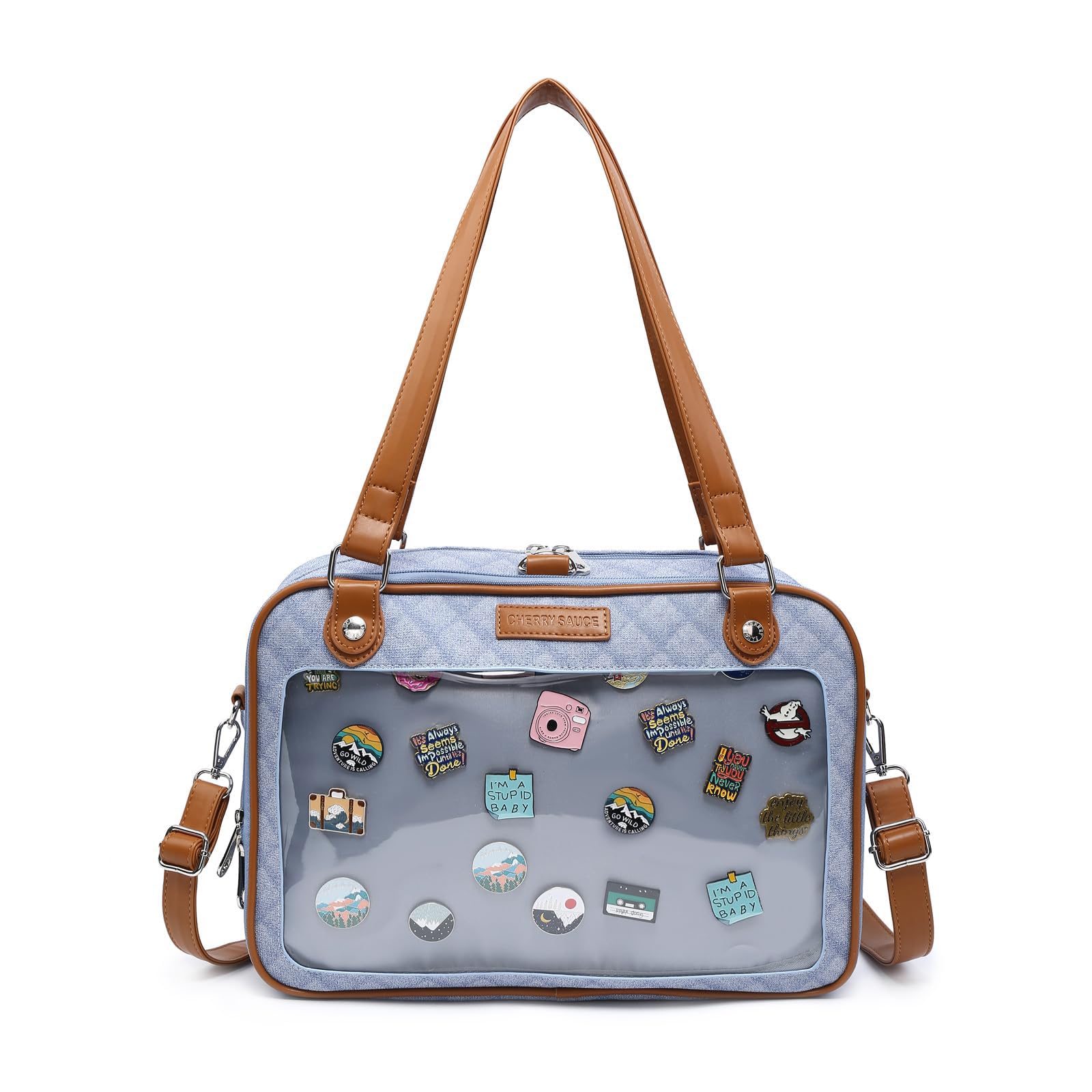 Stylish Imitation Denim PU Ita Backpack - Crossbody Messenger Shoulder Bag with Pins Display | Perfect for Anime Conventions, Cosplay & Everyday Use