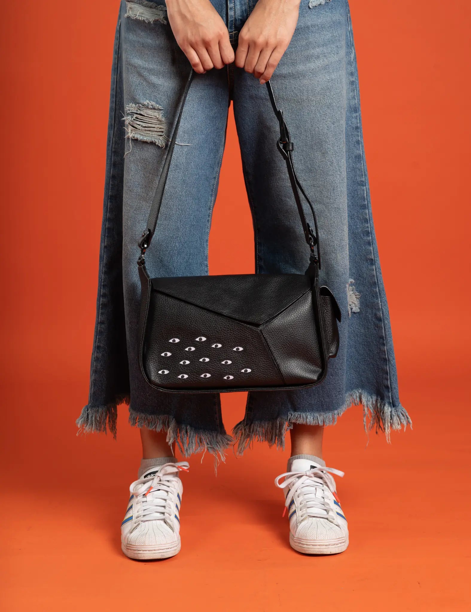 Houston Black Leather Shoulder Bag with Eyes Embroidery - Stylish Crossbody Purse for Women, Perfect for Work, Travel and Everyday Use