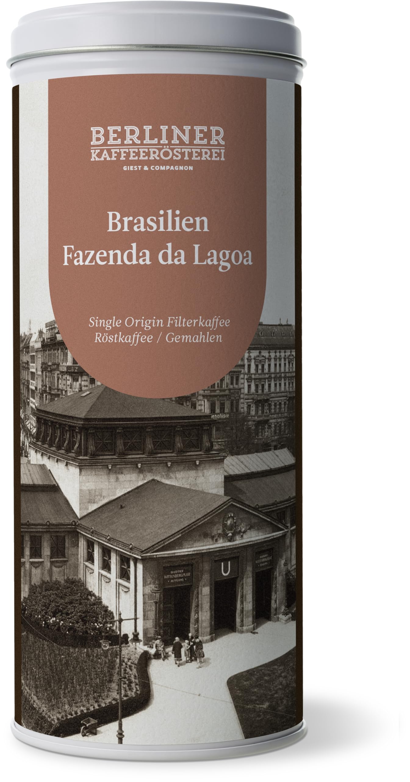 Berlin Coffee Roastery - Brazil Fazenda da Lagoa Ground Coffee (125g) in Double-Lid Tin, Light Roast, 100% Arabica Beans, Floral/Nutty/Sweet Flavor Profile - Perfect for Home Brewing & Office Coffee Breaks