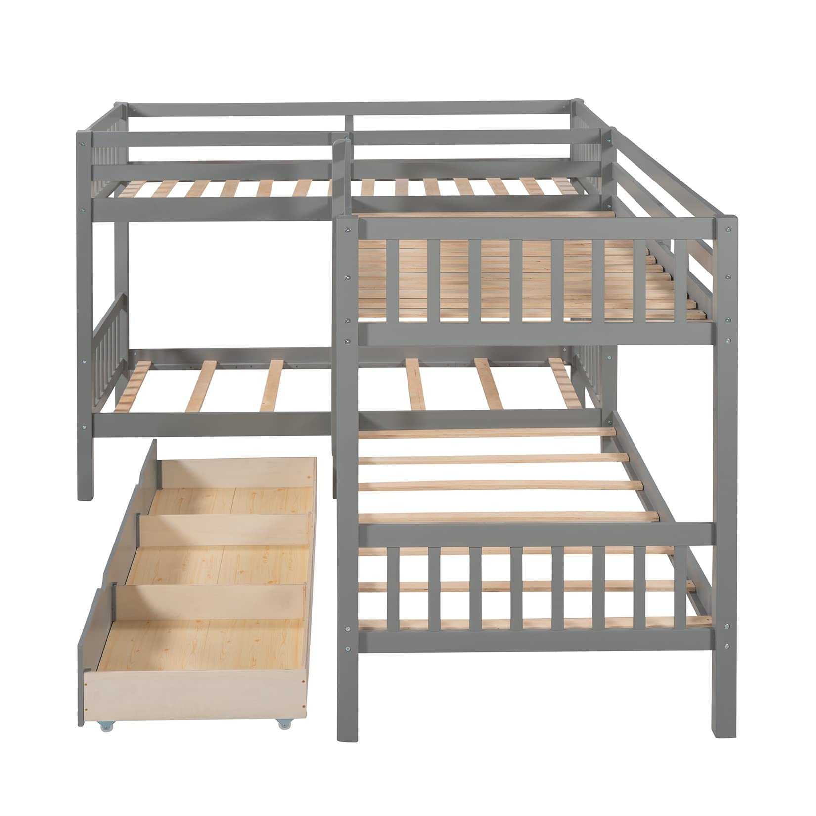 L-Shaped Bunk Bed with Storage Drawers - Twin Over Twin Quad Bunk Bed for Kids, Teens, Boys & Girls - Sturdy Wooden Frame in Gray - Perfect for Small Bedrooms, Shared Kids Rooms & Vacation Homes