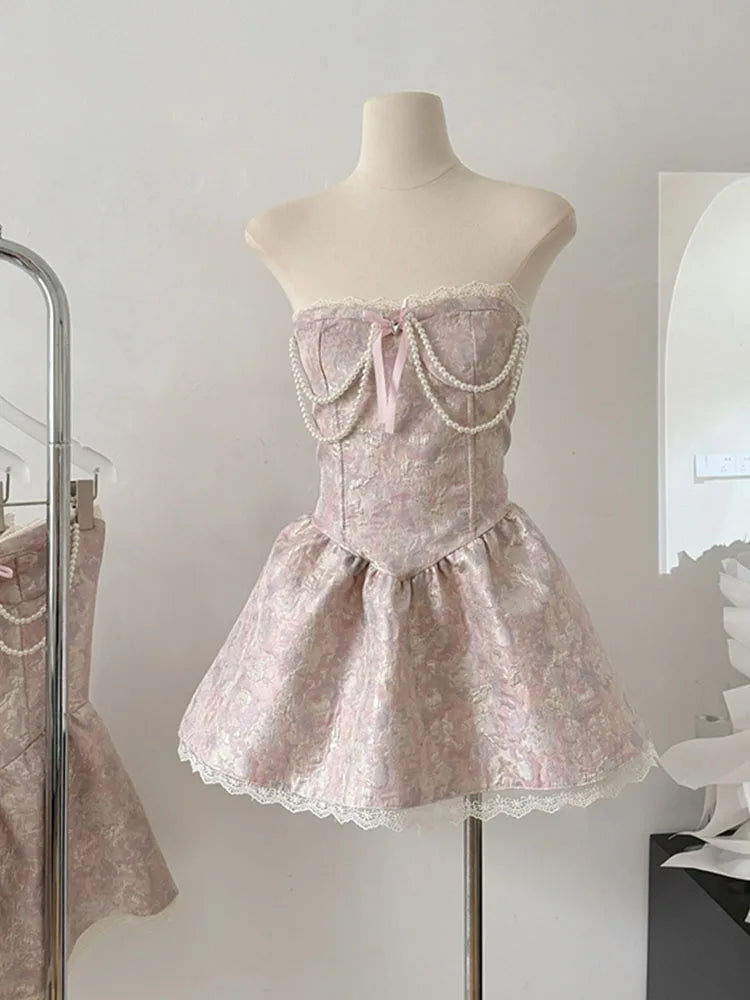 Elegant Lolita Dress for Women - Sweet Luxury Prom Gown with Pearl Chains | Sleeveless Vintage 2000s Aesthetic Party Dress | Perfect for Prom, Homecoming, Cosplay and Special Occasions