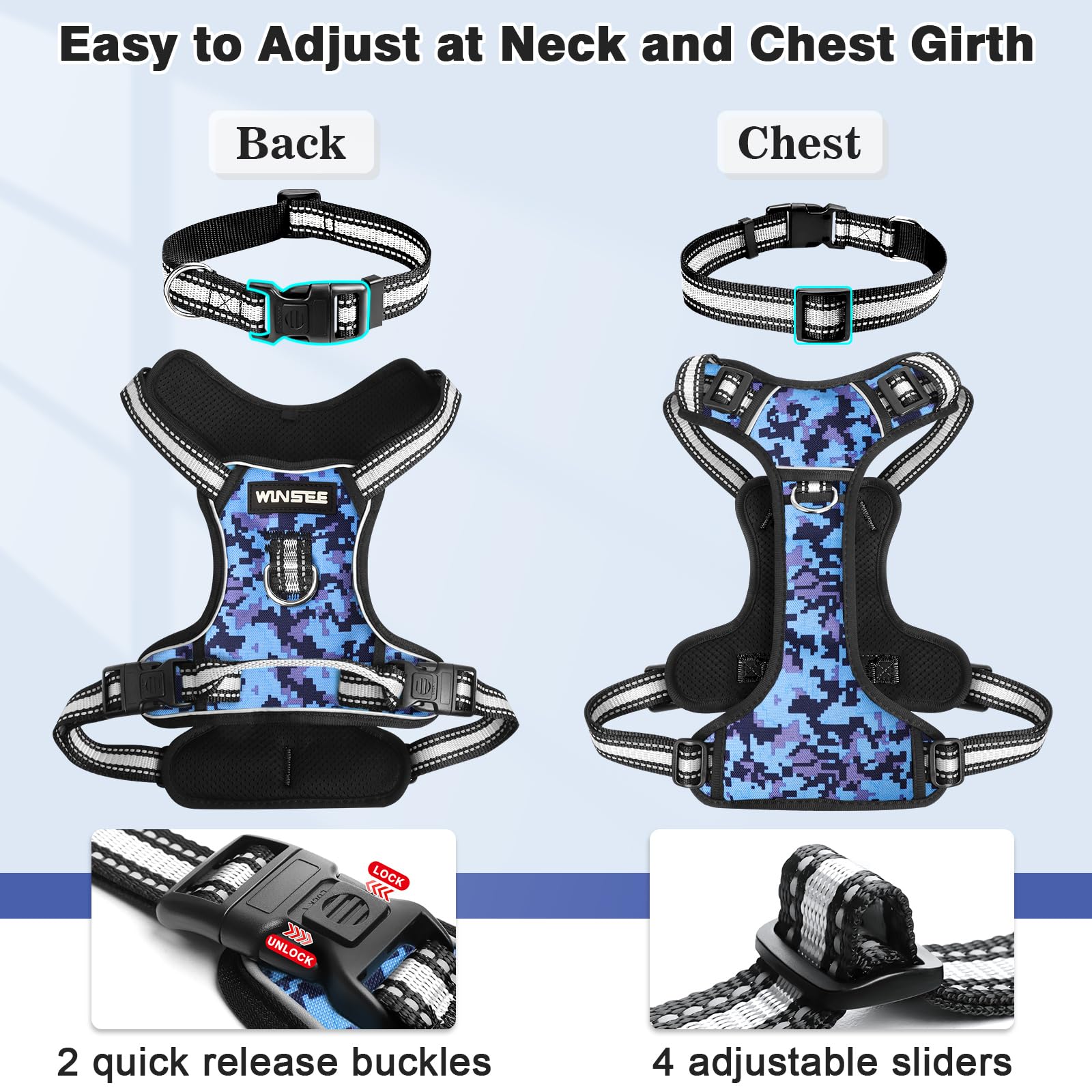 **WINSEE No Pull Dog Harness with Adjustable Reflective Oxford Vest - Front & Back Leash Clips for Small, Medium, Large & XL Dogs - Easy Control Handle for Walking, Running & Outdoor Adventures**