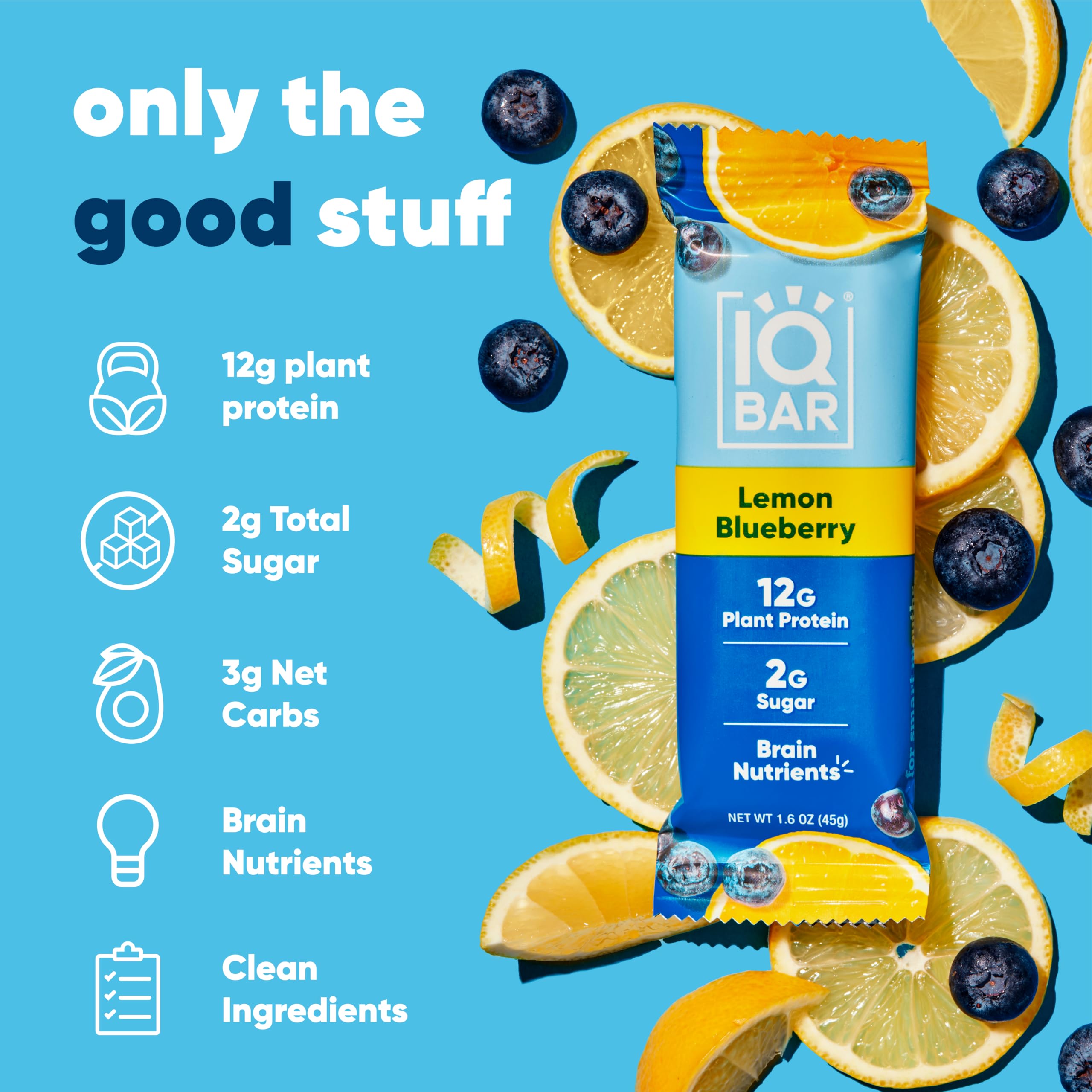 IQBAR Brain and Body Plant Protein Bars - Lemon Blueberry (36 Count) | Low Carb, Gluten Free, High Fiber Vegan Snacks | Keto Friendly Meal Replacement for Workout Recovery, Office Snacking & On-the-Go Nutrition