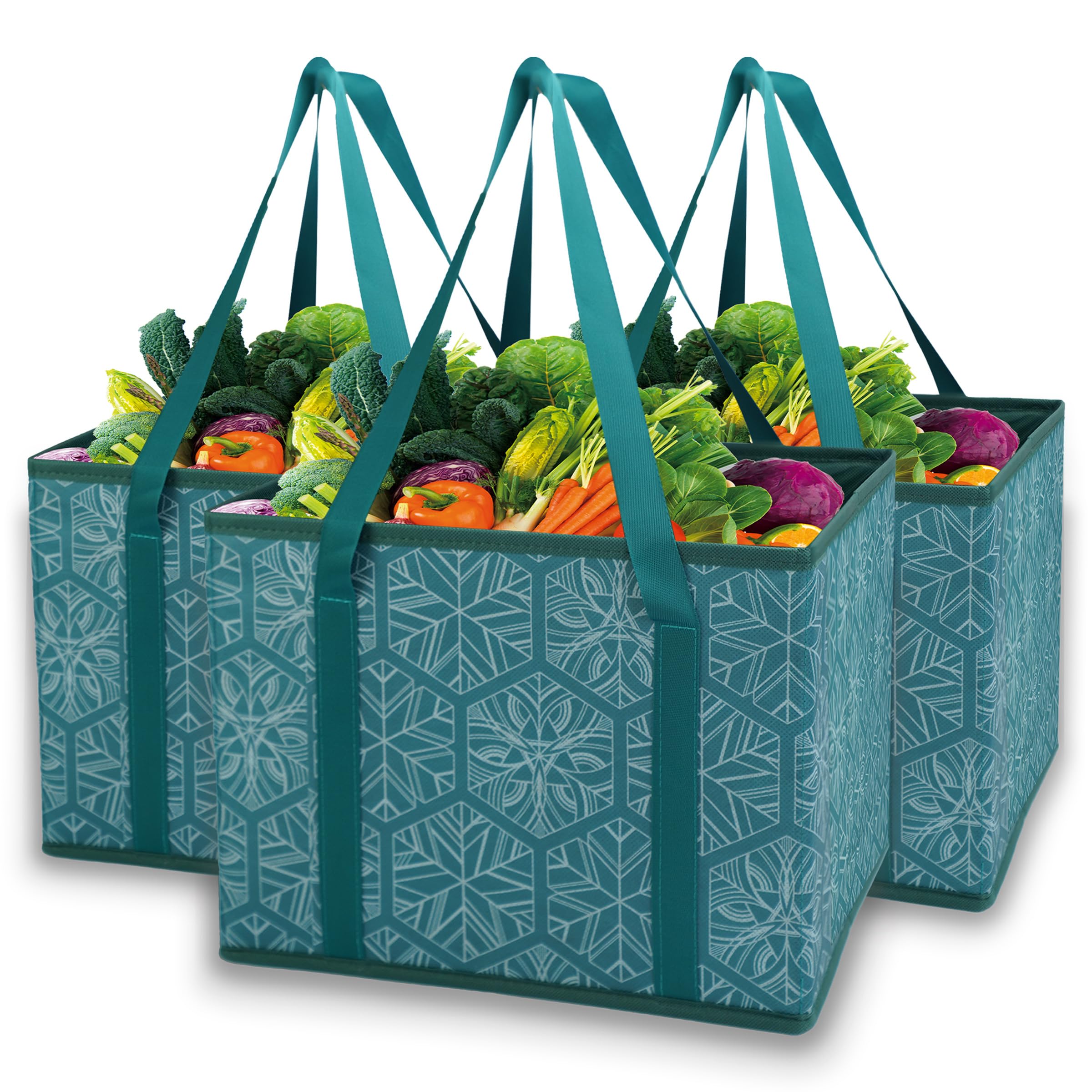 3-Pack Reusable Grocery Bags - Foldable Shopping Tote with Long Handles & Reinforced Bottom for Supermarkets, Farmers Market & Eco-Friendly Shopping (Black)