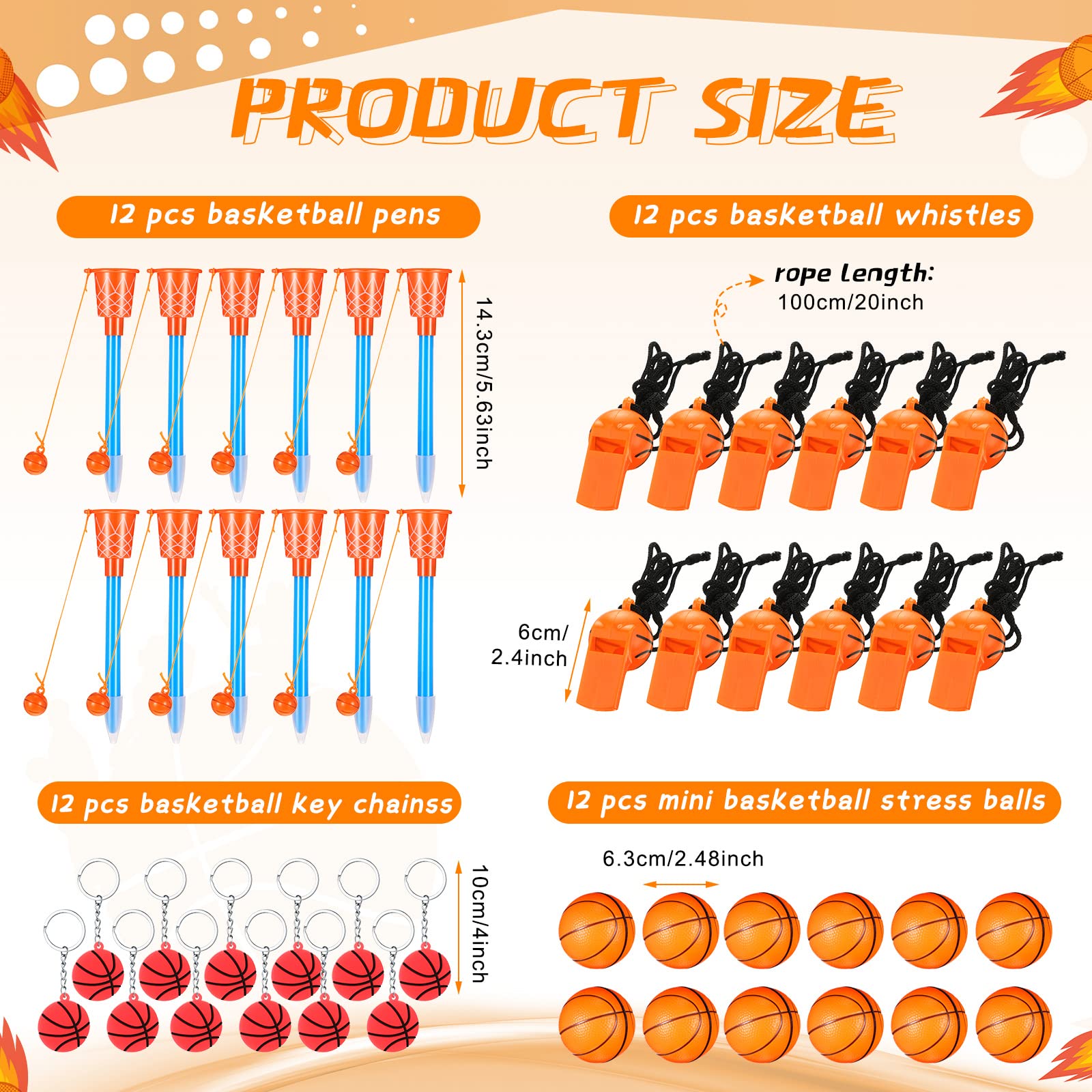 48 Packs Basketball Party Favors - Mini Basketball Pens, Stress Balls, Keychains & Whistles - Fun School Carnival Prizes, Valentines Gift Fillers & Party Bag Stuffers - Perfect for Sports Themed Events, Classroom Rewards & Birthday Party Giveaways