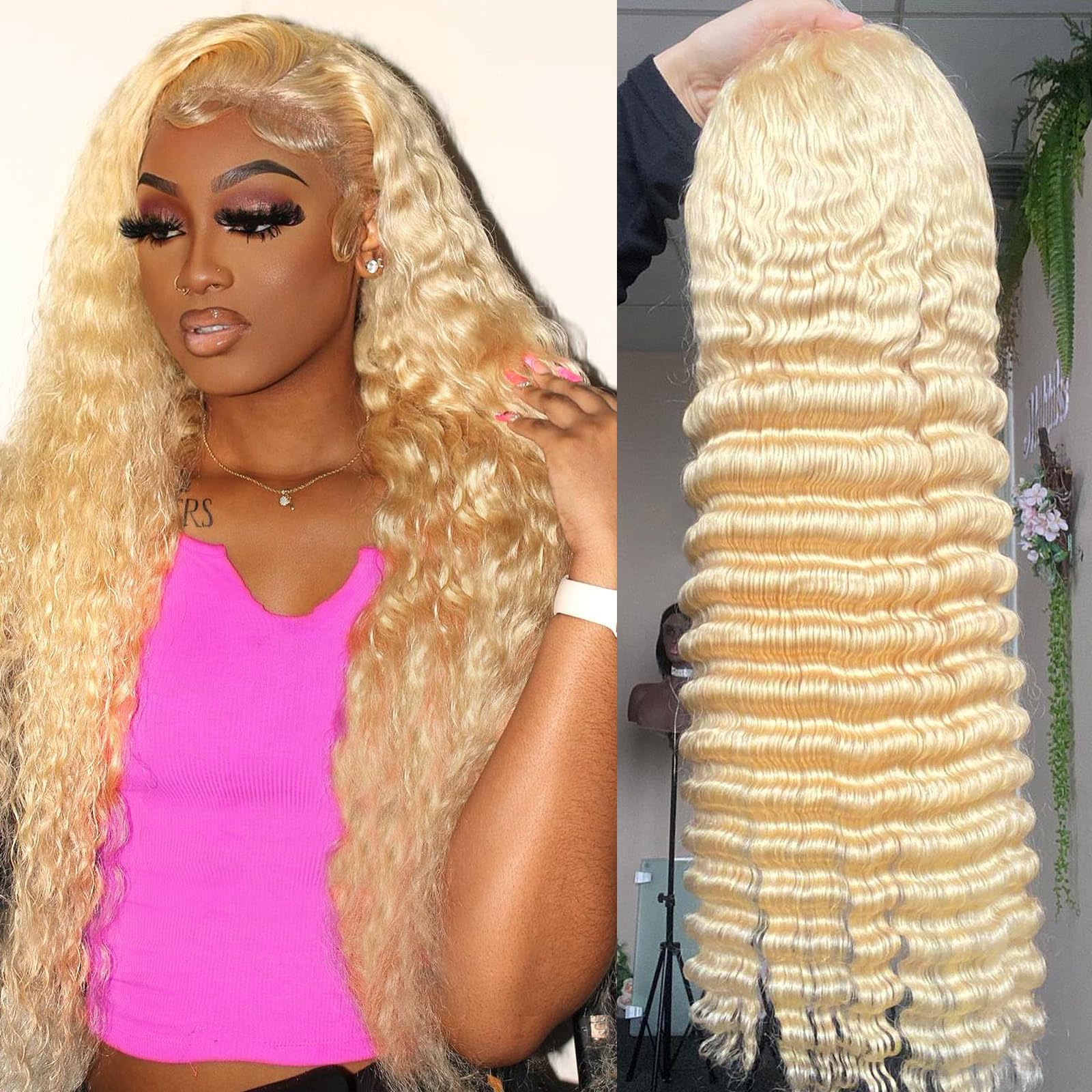 613 Deep Wave Lace Front Wig Human Hair - HD Transparent 13x6 Lace Frontal Wig 200% Density - Pre Plucked with Baby Hair - Blonde 26 Inch Human Hair Wigs for Women - Perfect for Daily Wear, Parties & Special Occasions