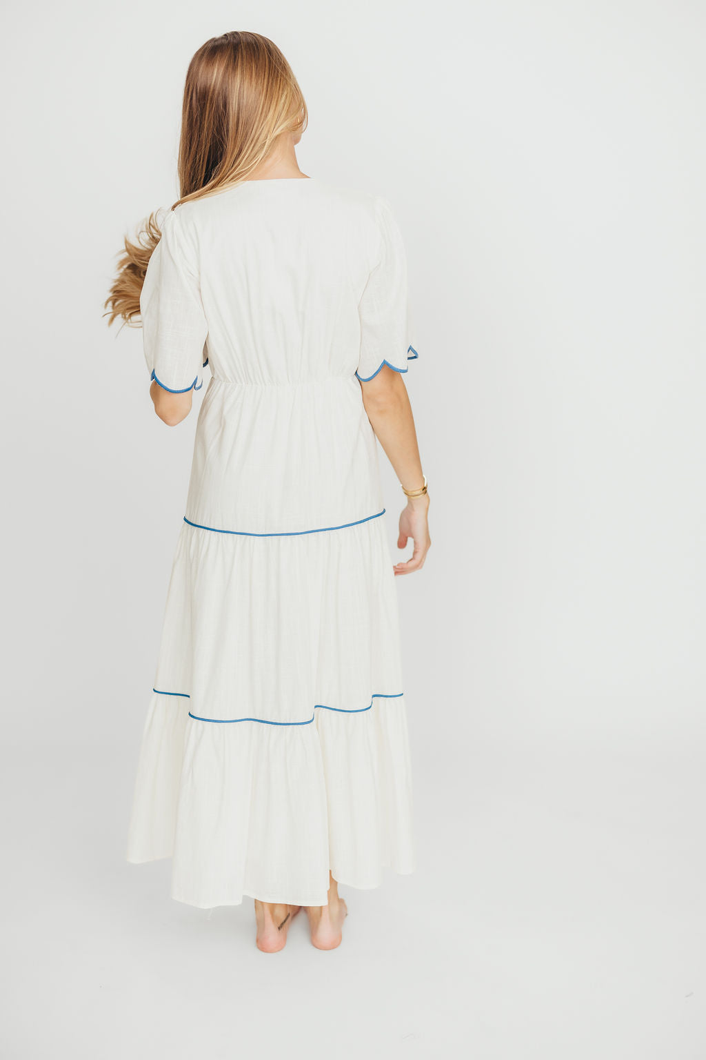 Lena Embroidered Tiered Midi Dress - Off White & Blue Floral Summer Dress for Women | Beach Wedding, Garden Party & Date Night Outfits
