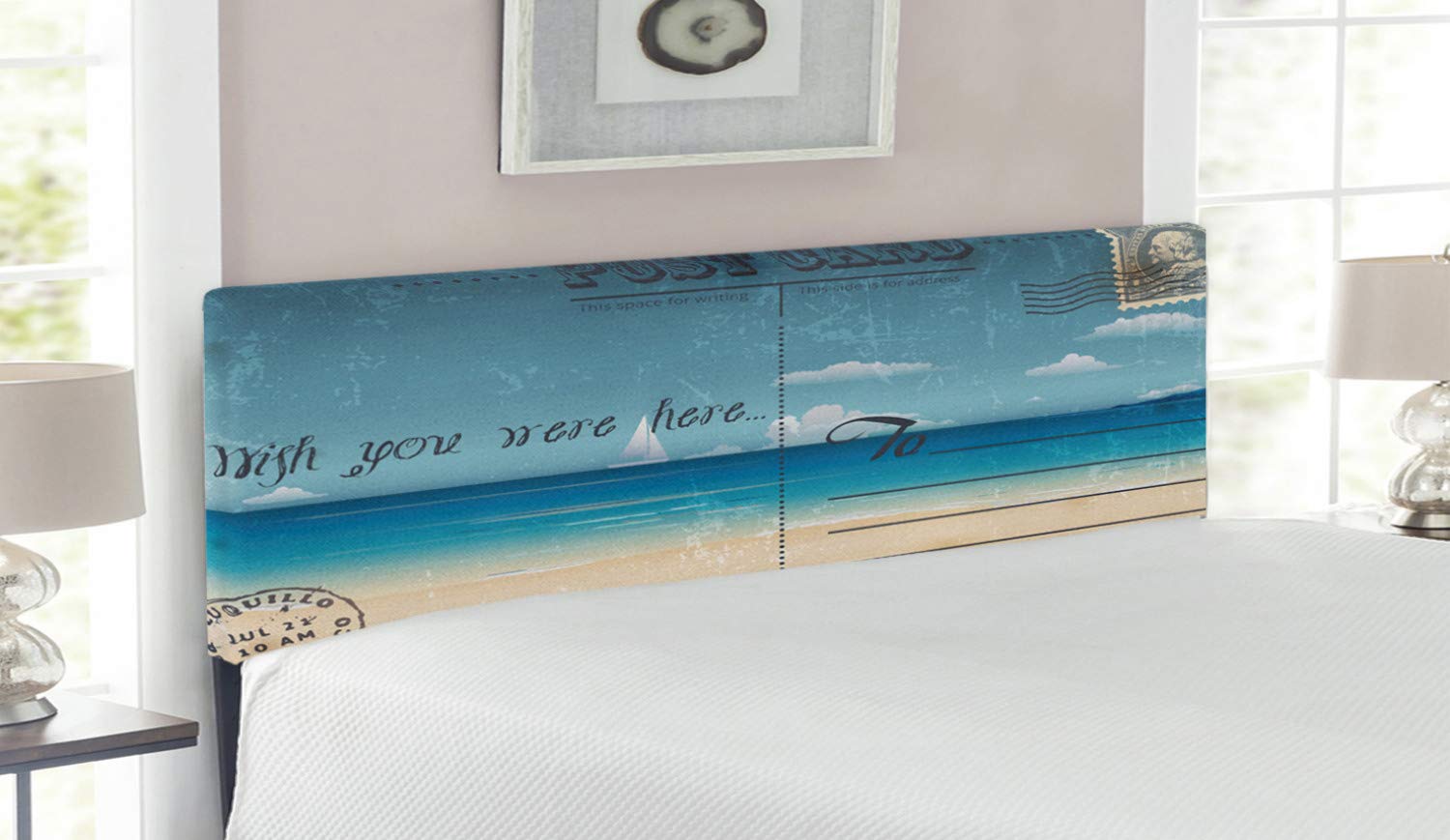 Ambesonne Queen Size Travel Themed Headboard - Vintage Tropical Summer Print on Upholstered Metal Frame with Memory Foam, Sand Brown & Teal - Perfect for Bedroom Decor, Guest Rooms & Vacation Rental Styling