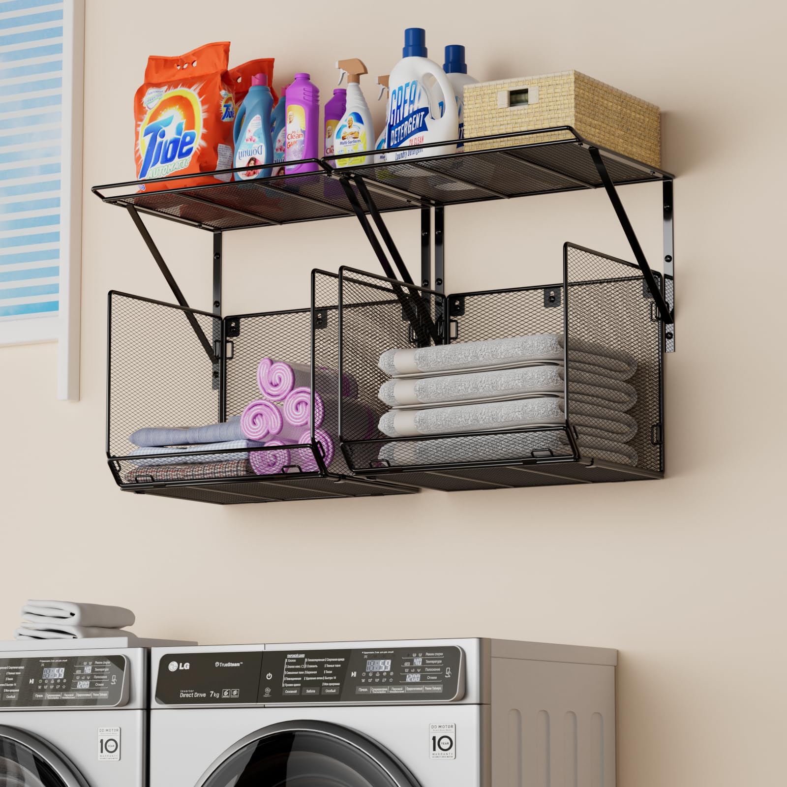 2 Pack Wall Mounted Laundry Shelves with Wire Mesh Basket - Over Washer & Dryer Storage Organizer - Space Saving Clothes Drying Rack (Black) - Perfect for Small Laundry Rooms & Apartment Organization