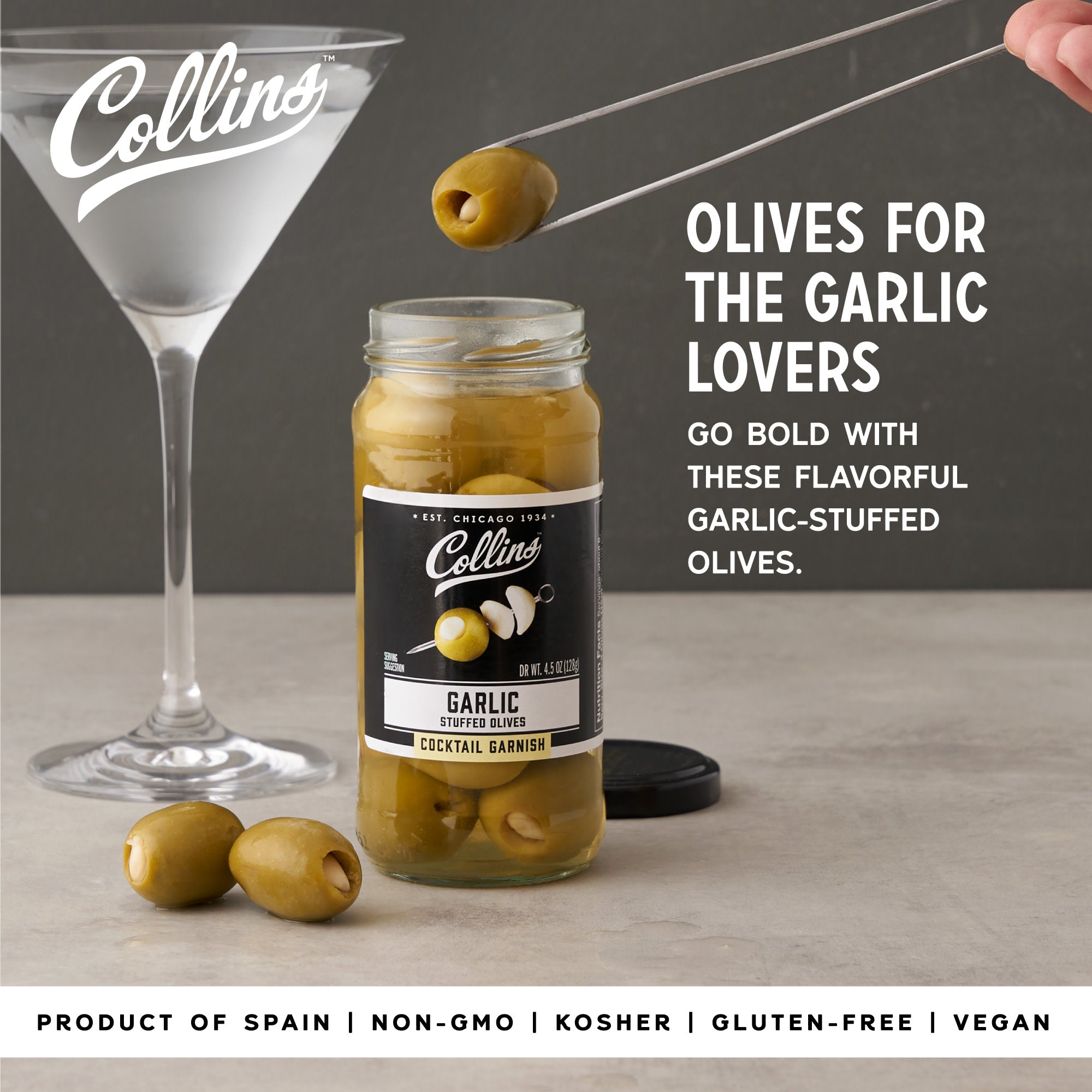 Garlic Queen Olives 5 oz Jar - Premium Stuffed Green Olives with Garlic for Charcuterie Boards, Salads & Cocktails