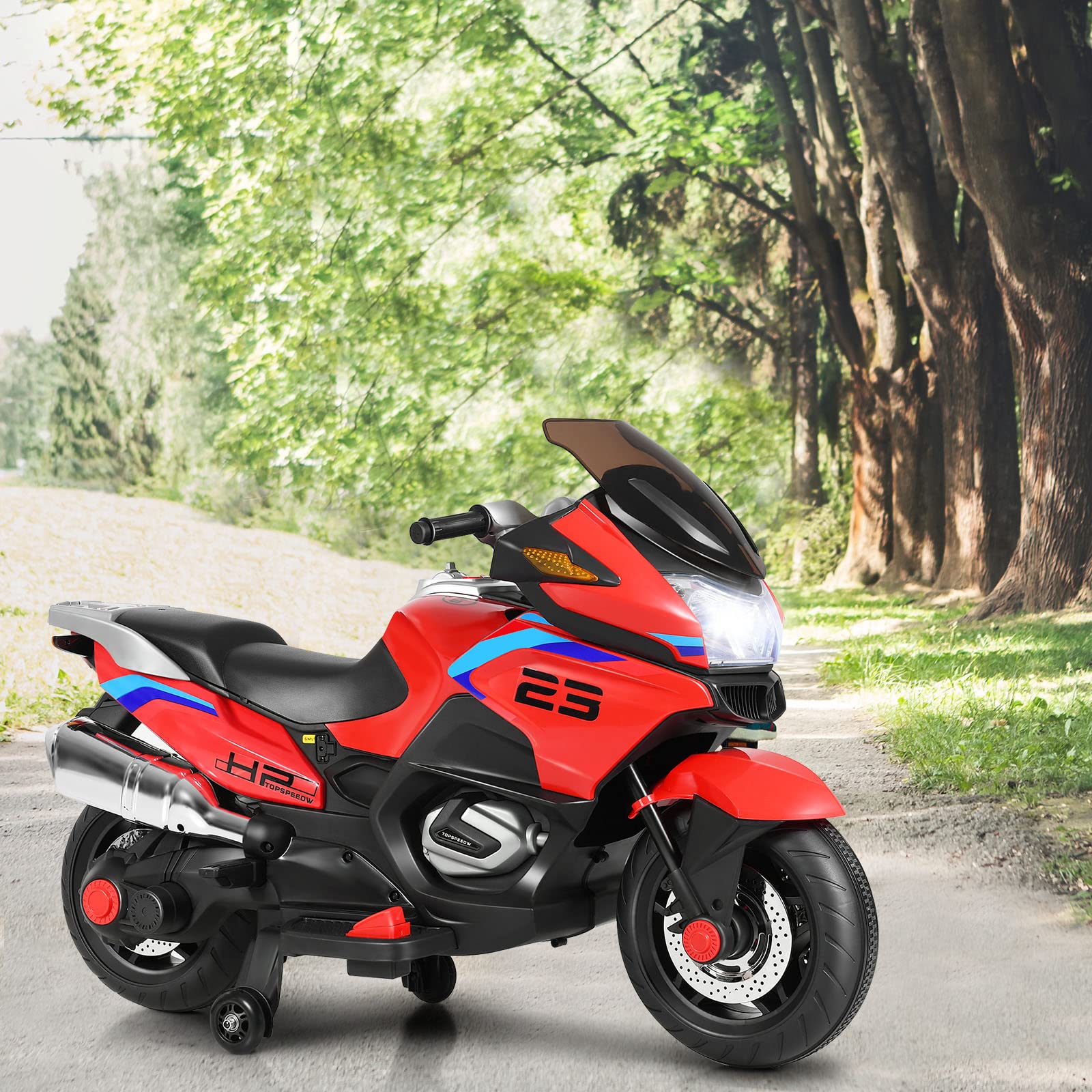 HONEY JOY 12V Kids Electric Motorcycle with Training Wheels & LED Lights - Battery Powered Ride On Toy for Boys Girls Ages 3+ - Spring Suspension, Foot Pedal - Perfect Birthday Gift & Outdoor Play (Red)