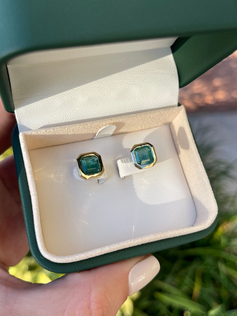 4.20tcw 14K Yellow Gold Dark Vivid Green Emerald Bezel Stud Earrings for Women - Elegant Jewelry Gift for Birthday, Anniversary & Special Occasions